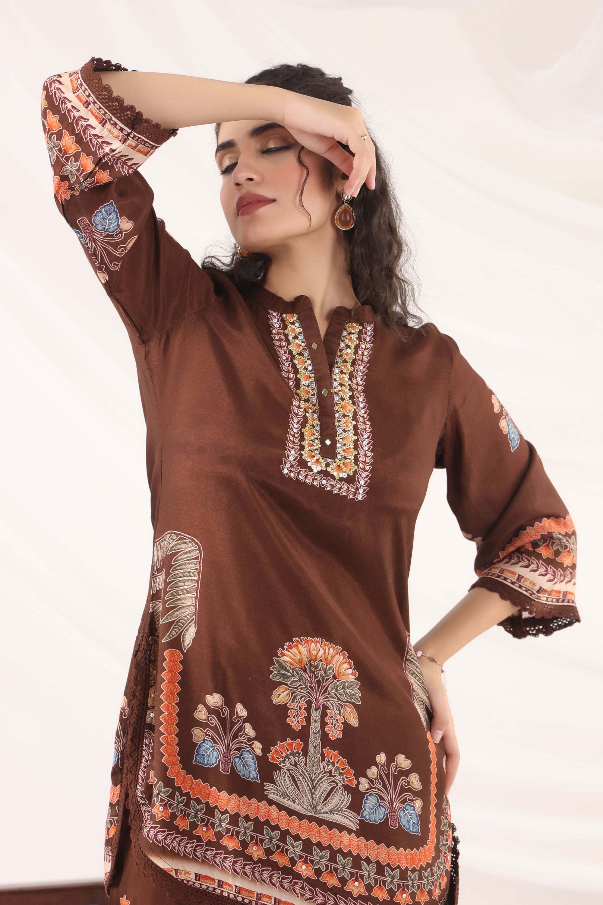 Brown Muslin Silk Handwork Cord Set
