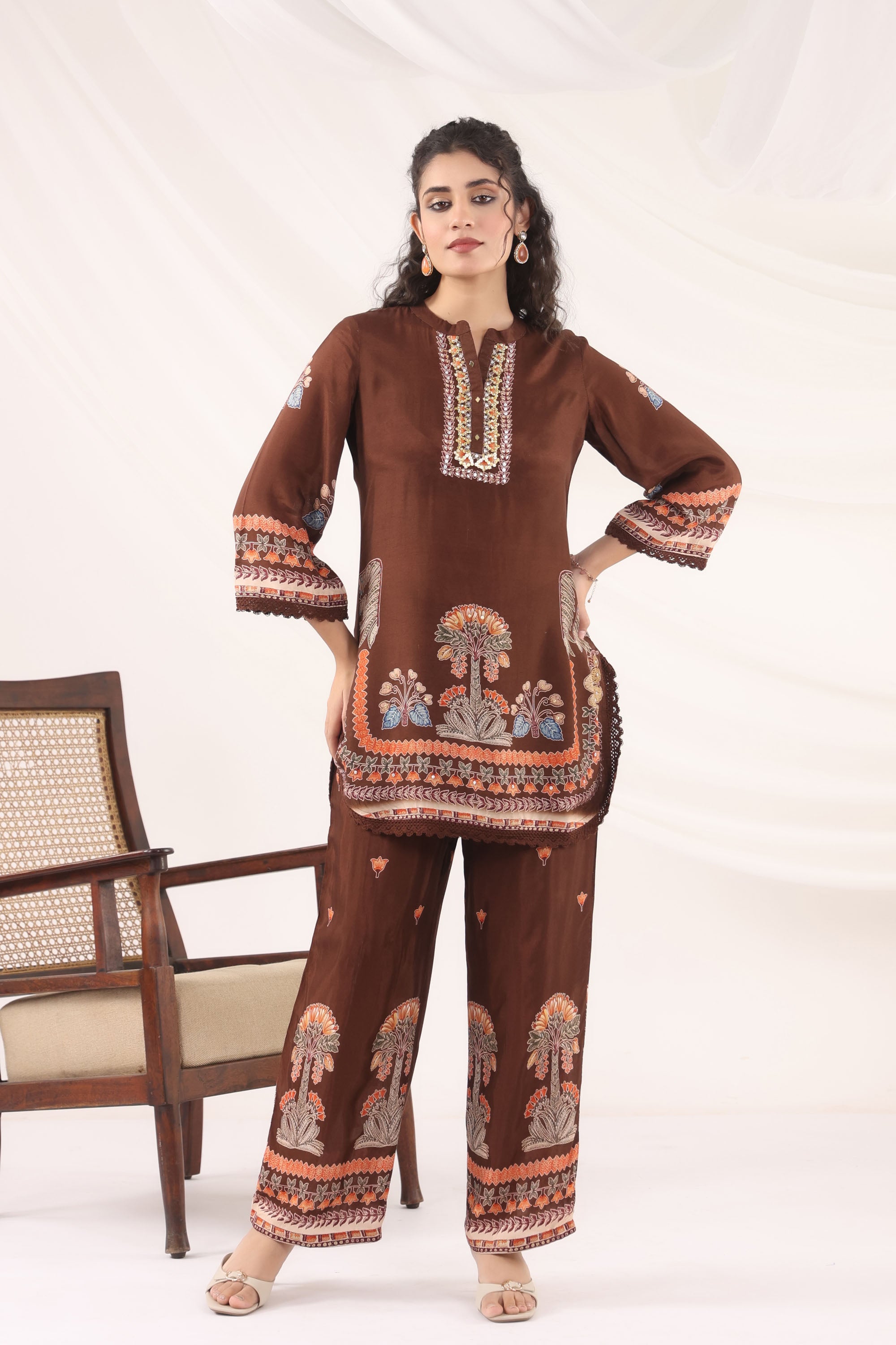 Brown Muslin Silk Handwork Cord Set