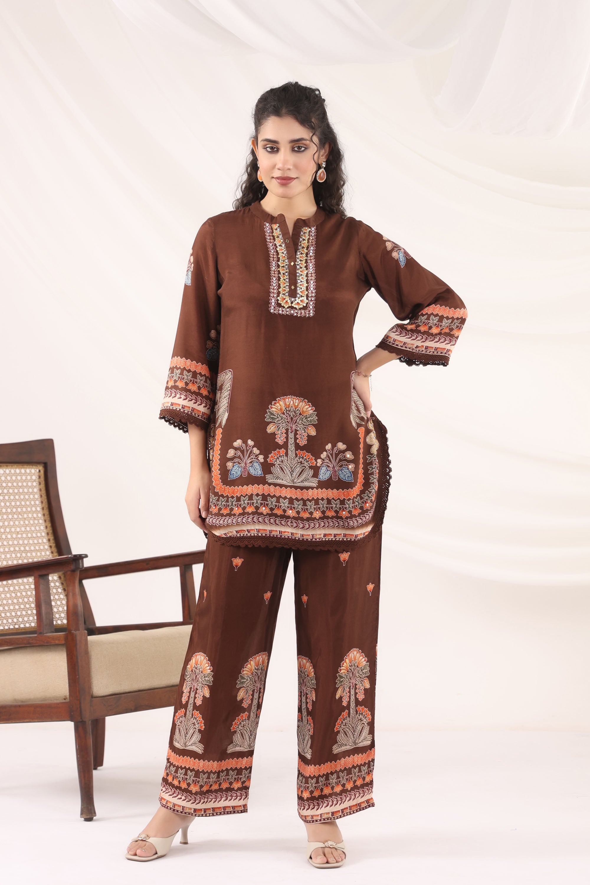 Brown Muslin Silk Handwork Cord Set