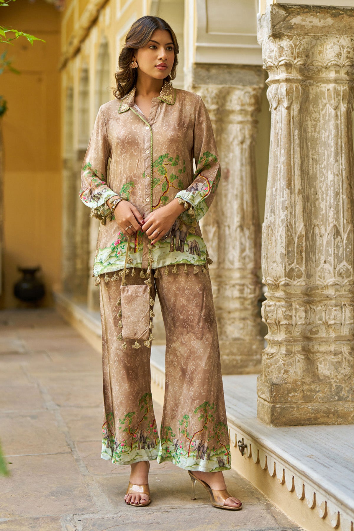 Brown Crepe Silk Handwork Cord Set