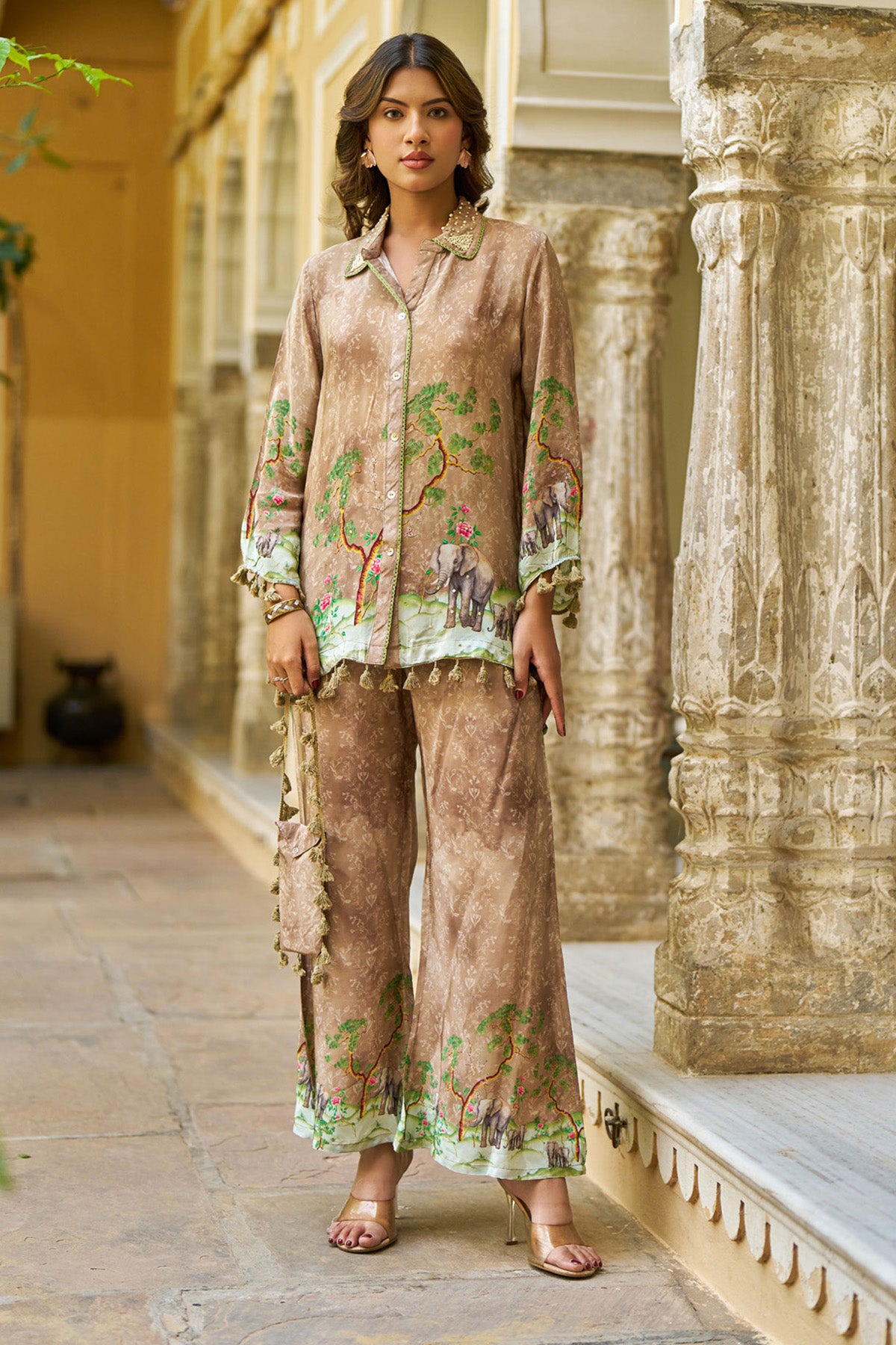 Brown Crepe Silk Handwork Cord Set