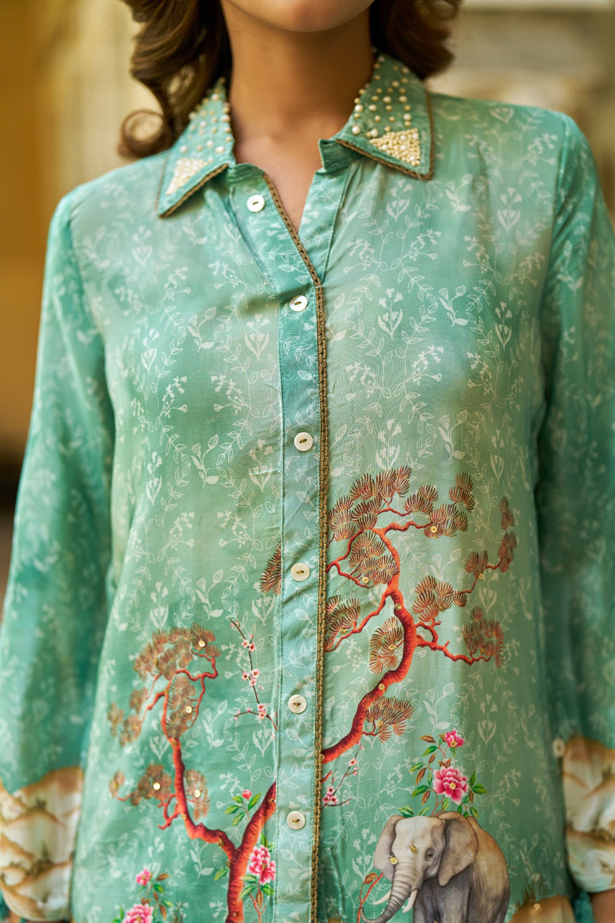 Green Crepe Silk Handwork Cord Set