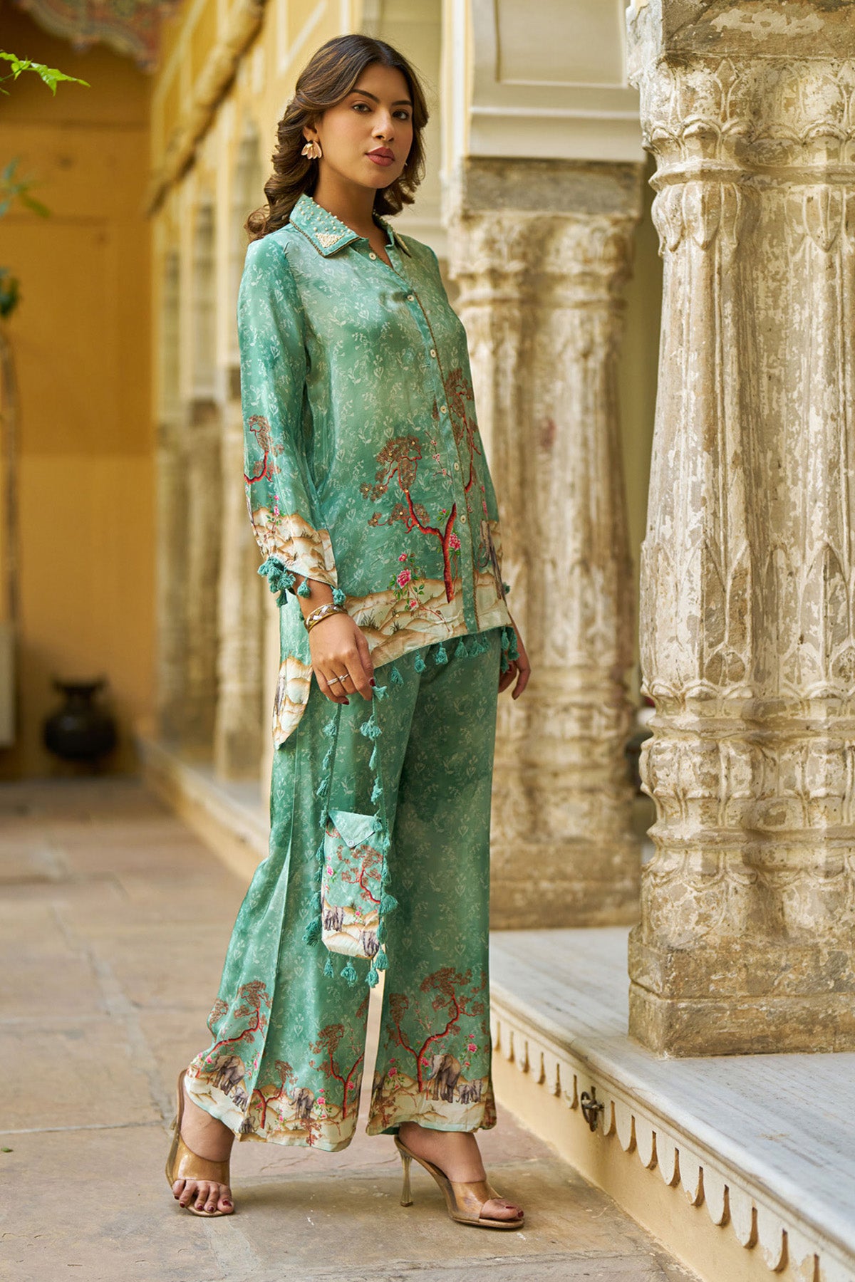 Green Crepe Silk Handwork Cord Set