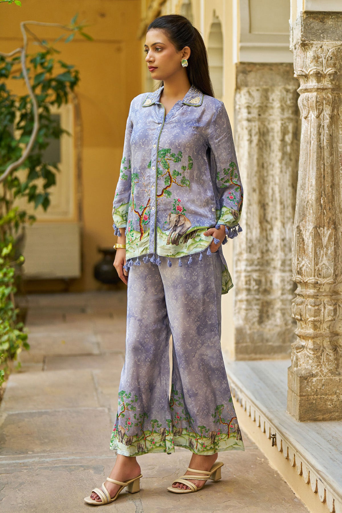 Purple Crepe Silk Handwork Cord Set