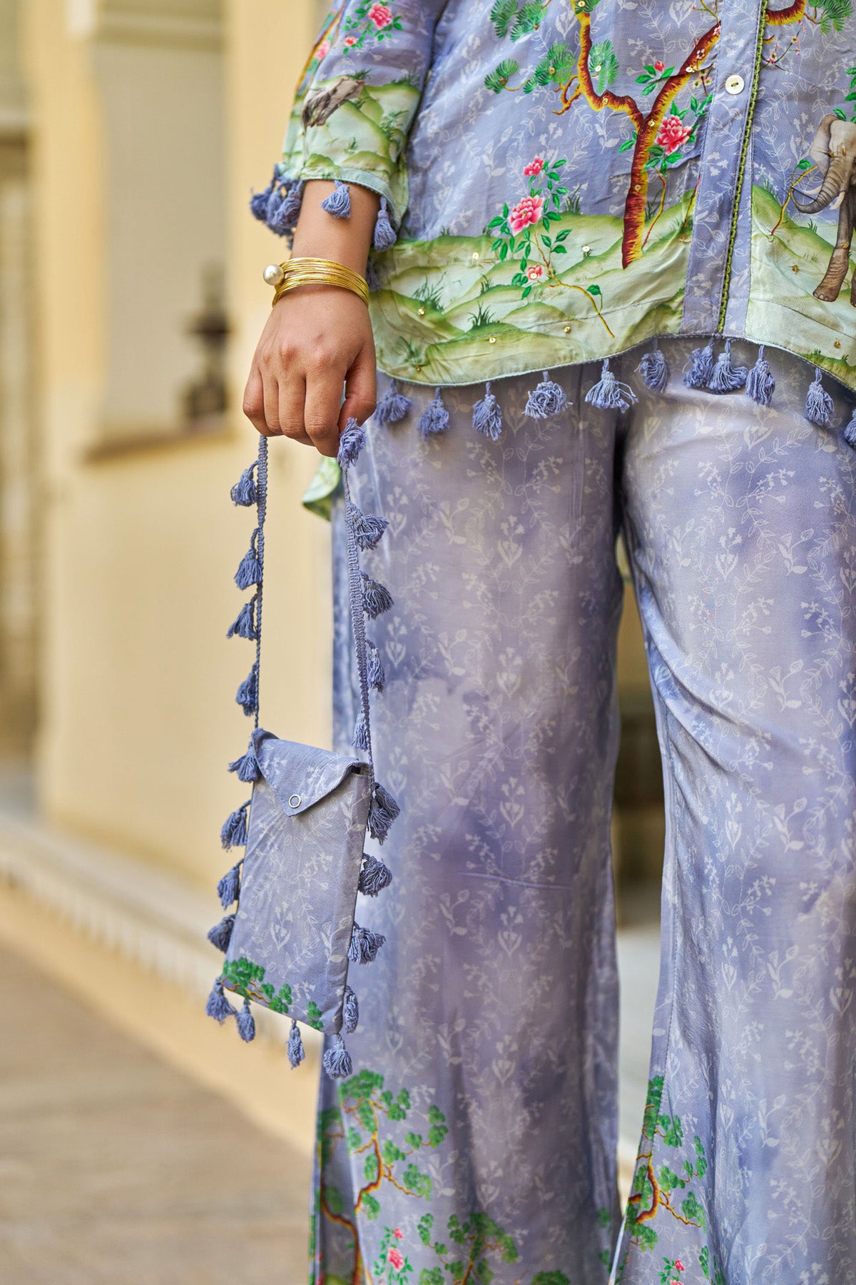 Purple Crepe Silk Handwork Cord Set