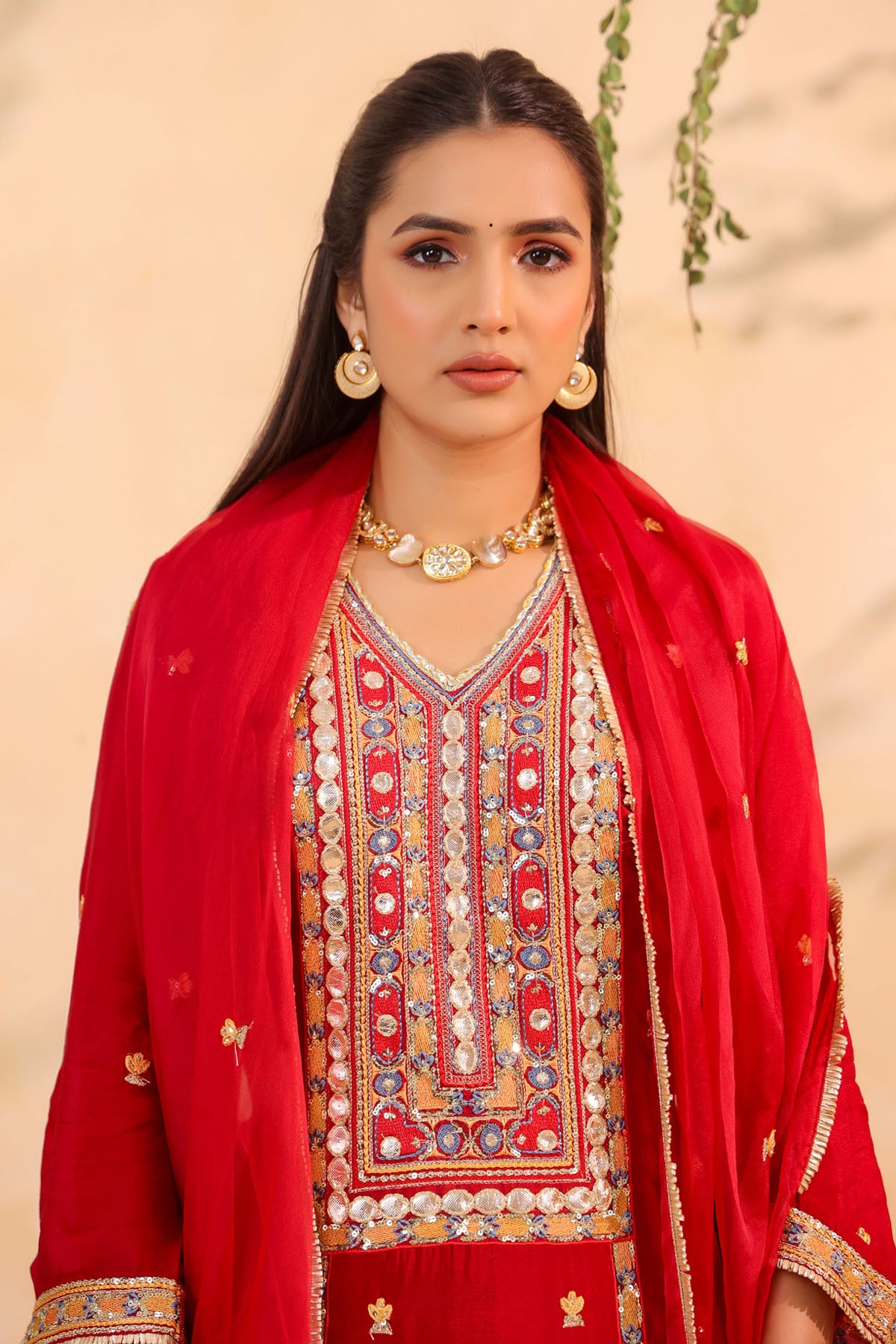 Red Chinon Silk Embroidere Farsi Suit Set With Dupatta