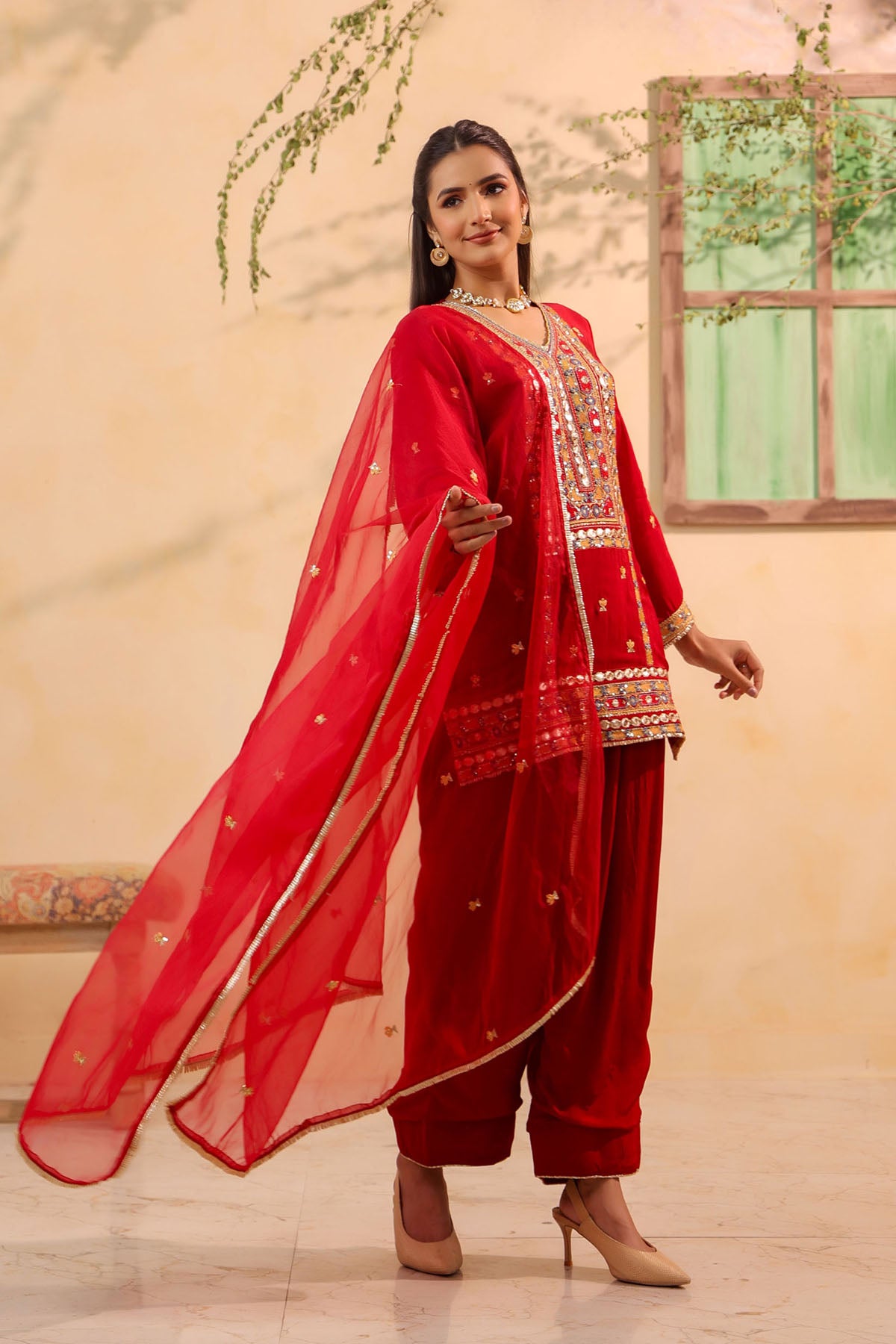 Red Chinon Silk Embroidere Farsi Suit Set With Dupatta