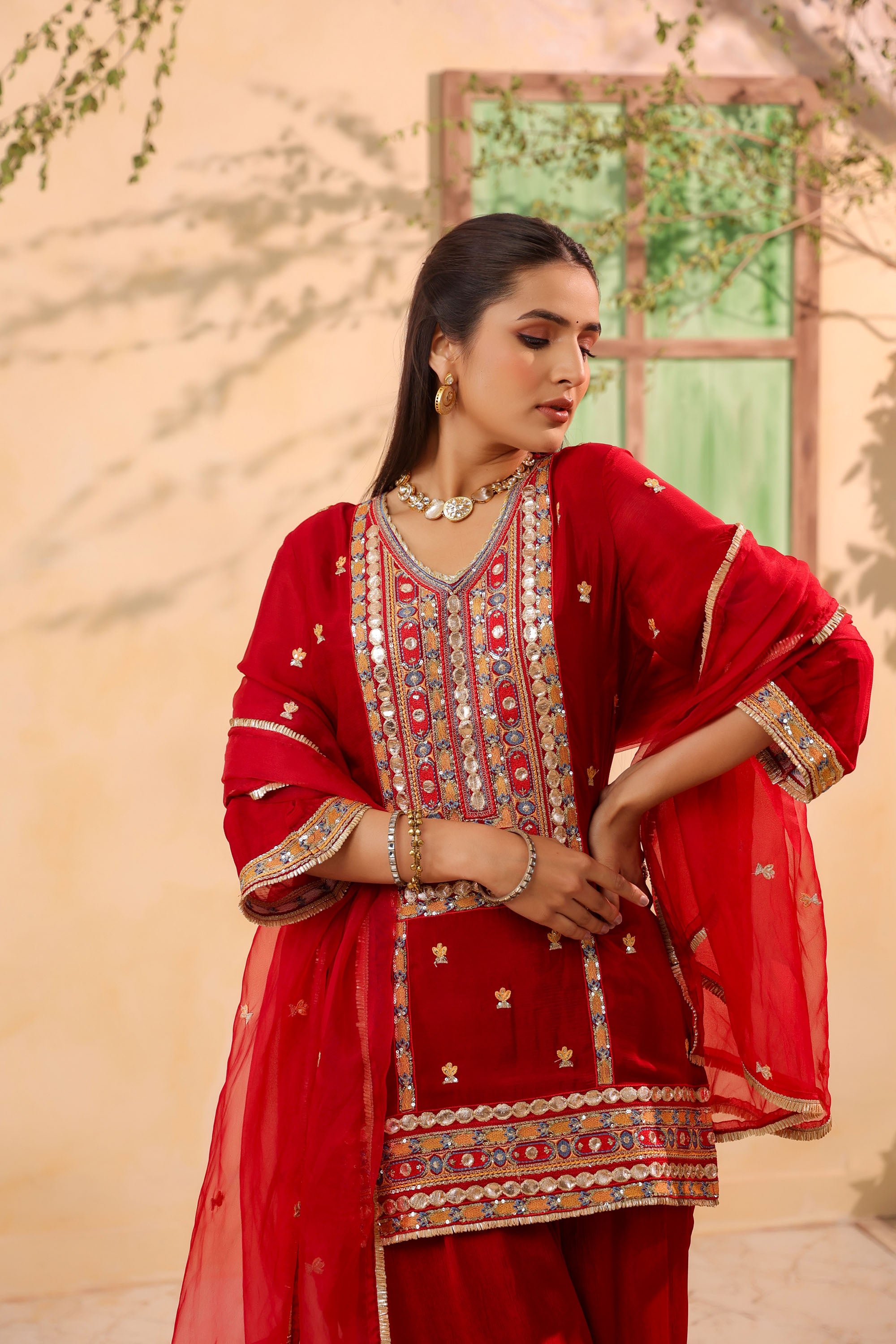 Red Chinon Silk Embroidere Farsi Suit Set With Dupatta
