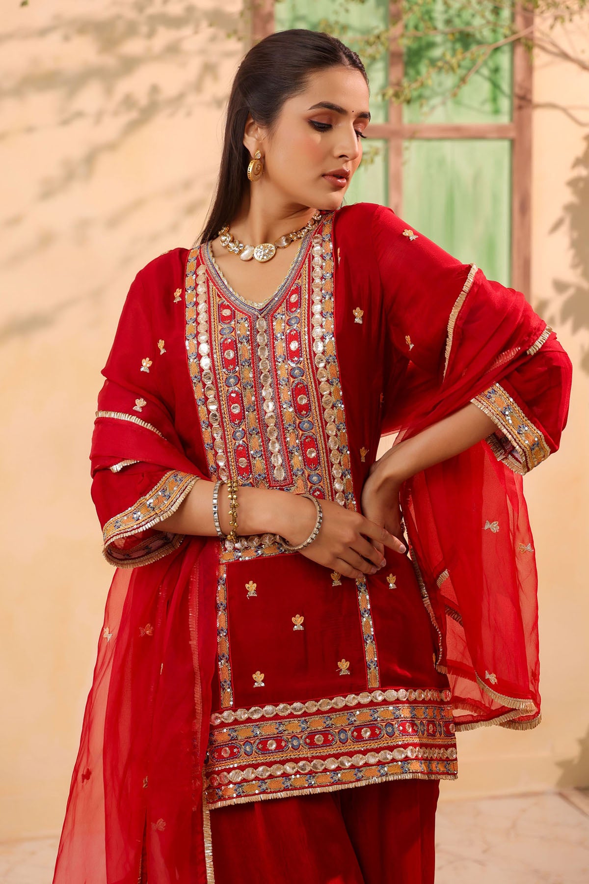 Red Chinon Silk Embroidere Farsi Suit Set With Dupatta