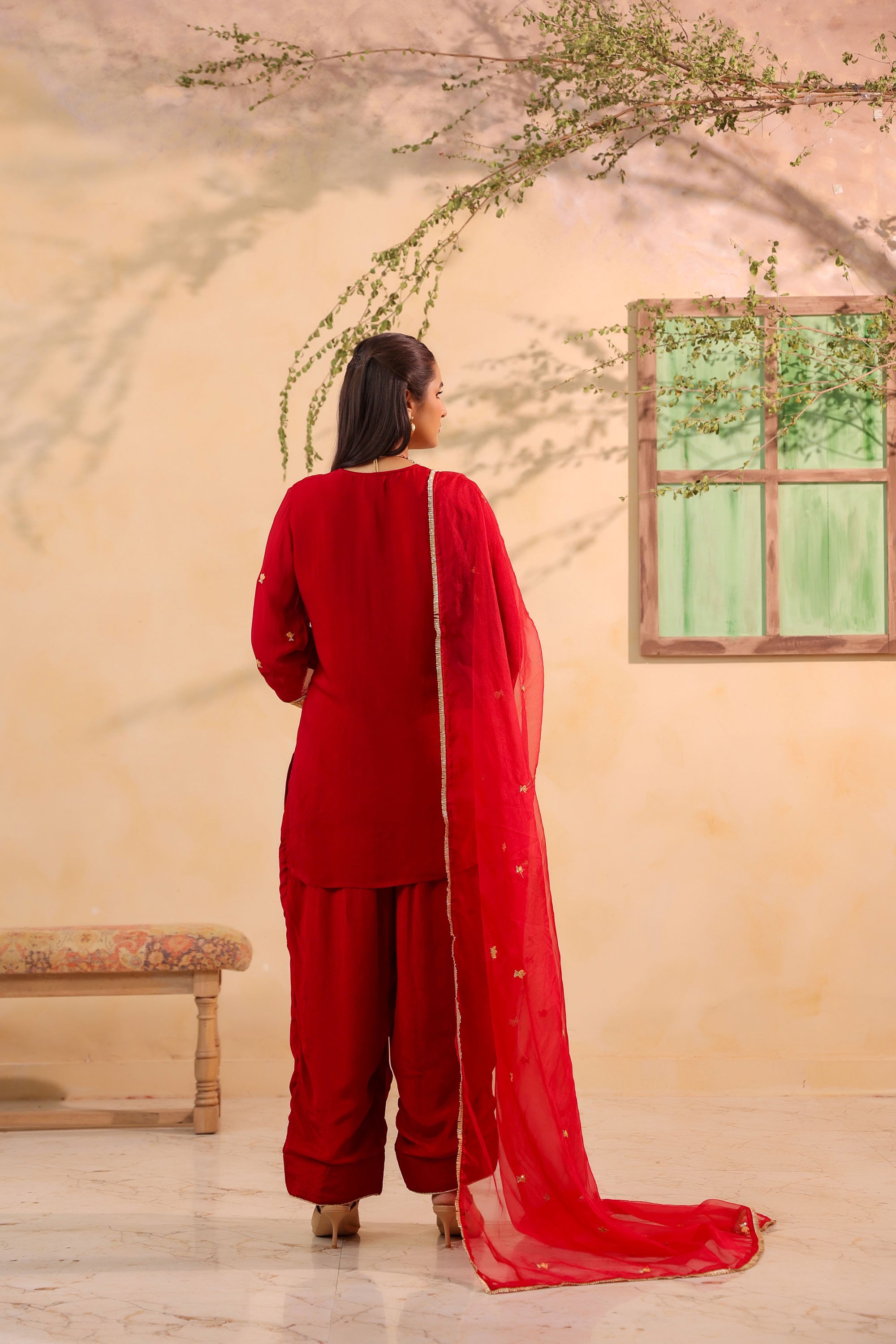Red Chinon Silk Embroidere Farsi Suit Set With Dupatta