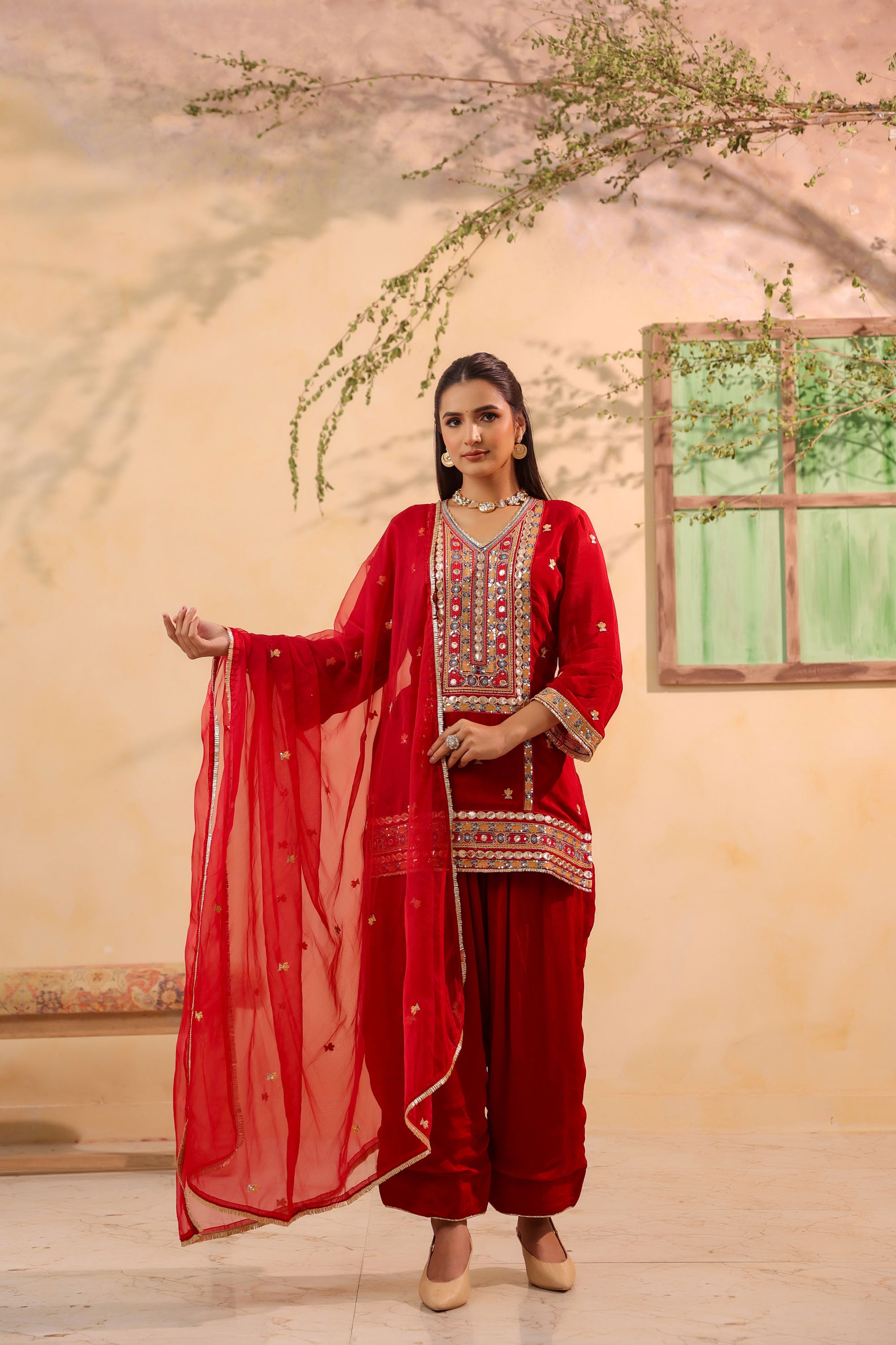 Red Chinon Silk Embroidere Farsi Suit Set With Dupatta