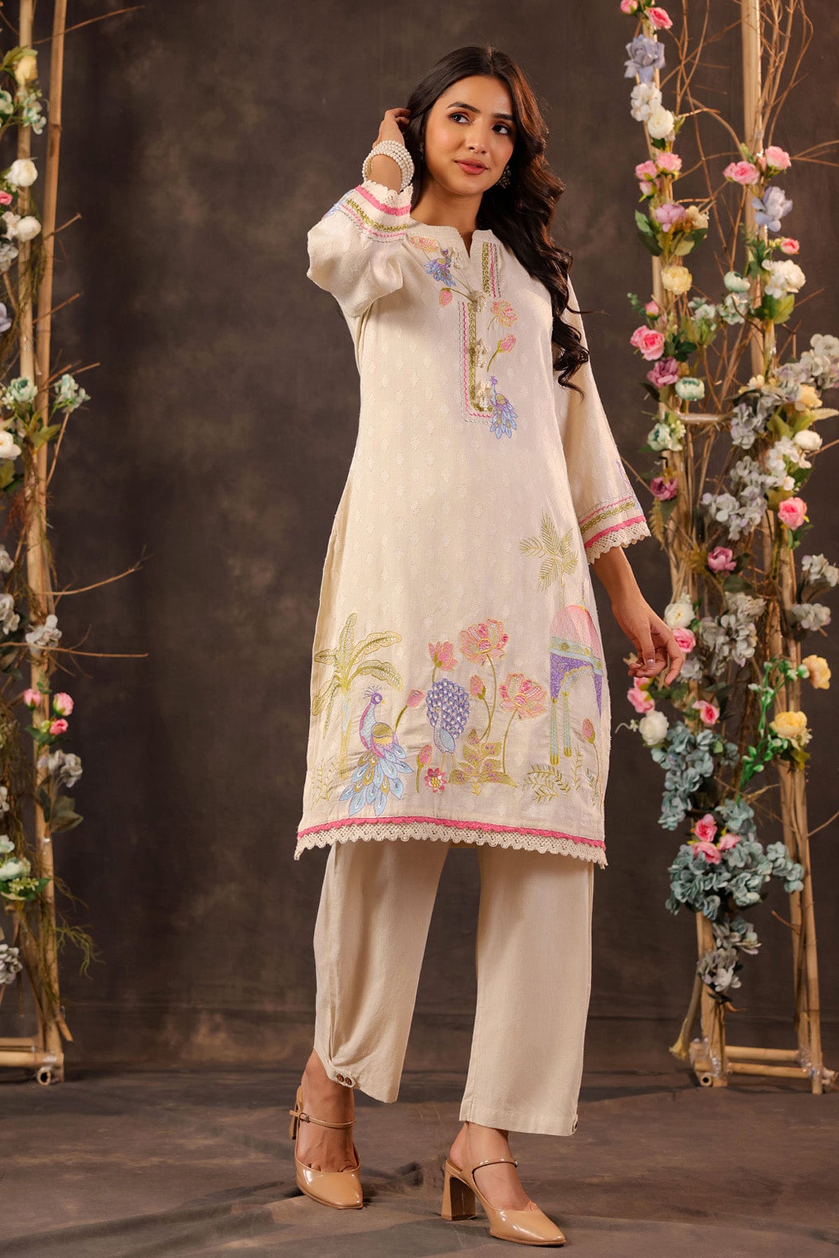 Off White Cotton Embroidered Co-Ord Set