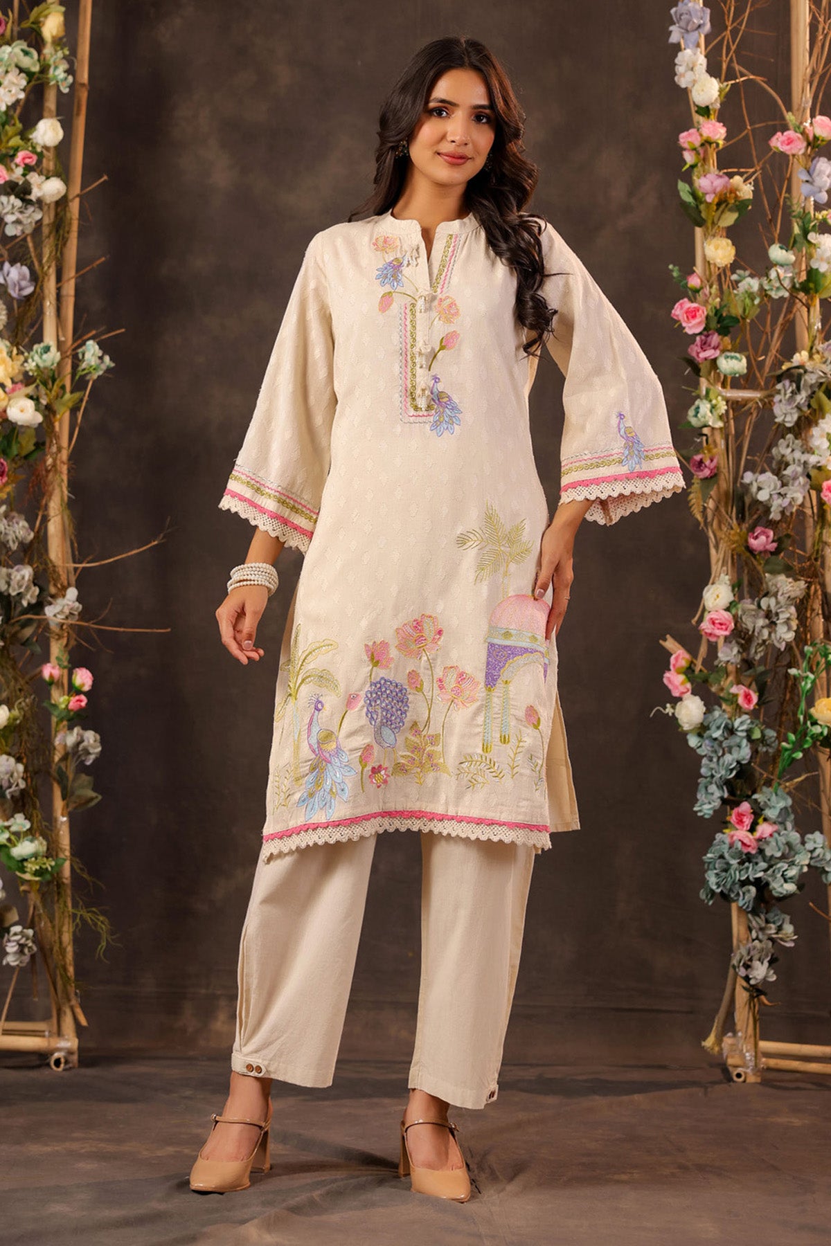 Off White Cotton Embroidered Co-Ord Set