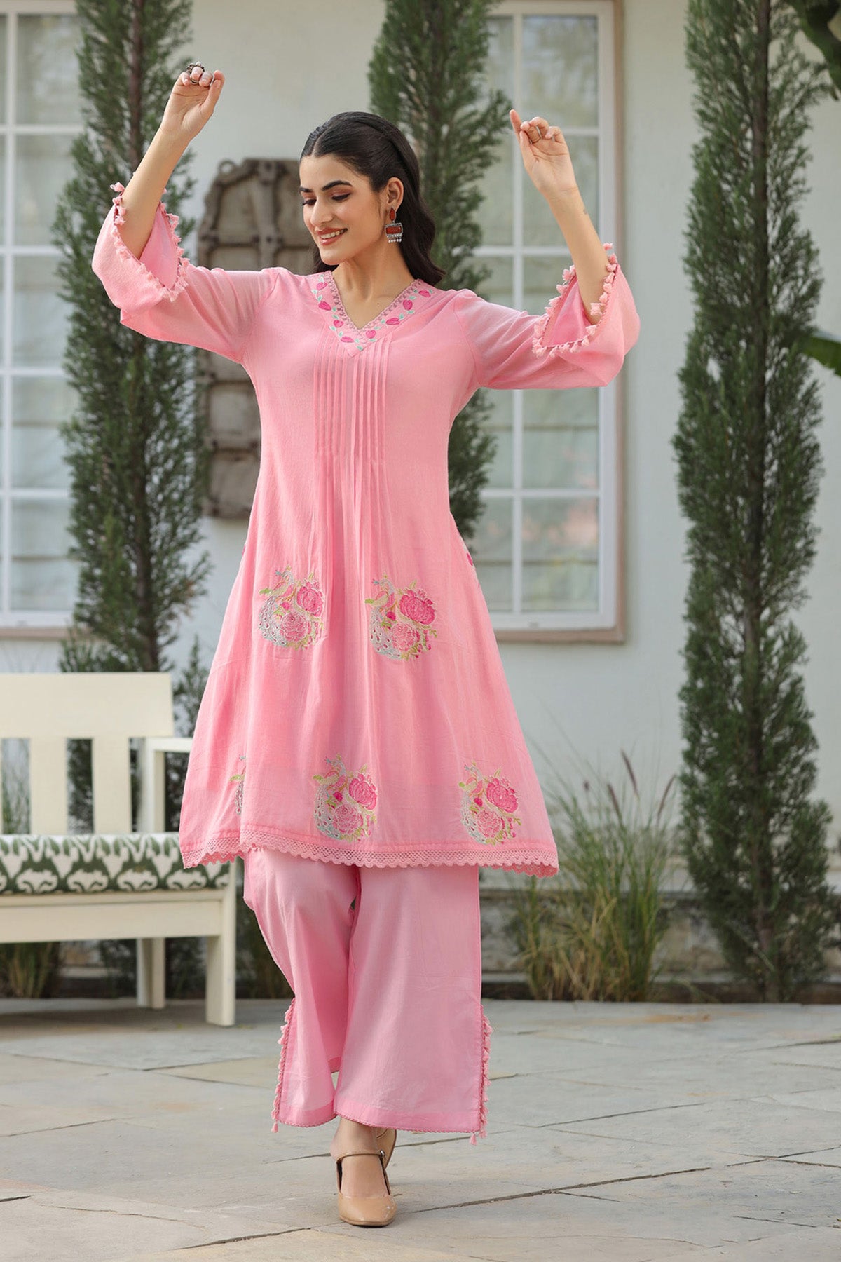 Pink Mul Mul Embroidered Cord Set