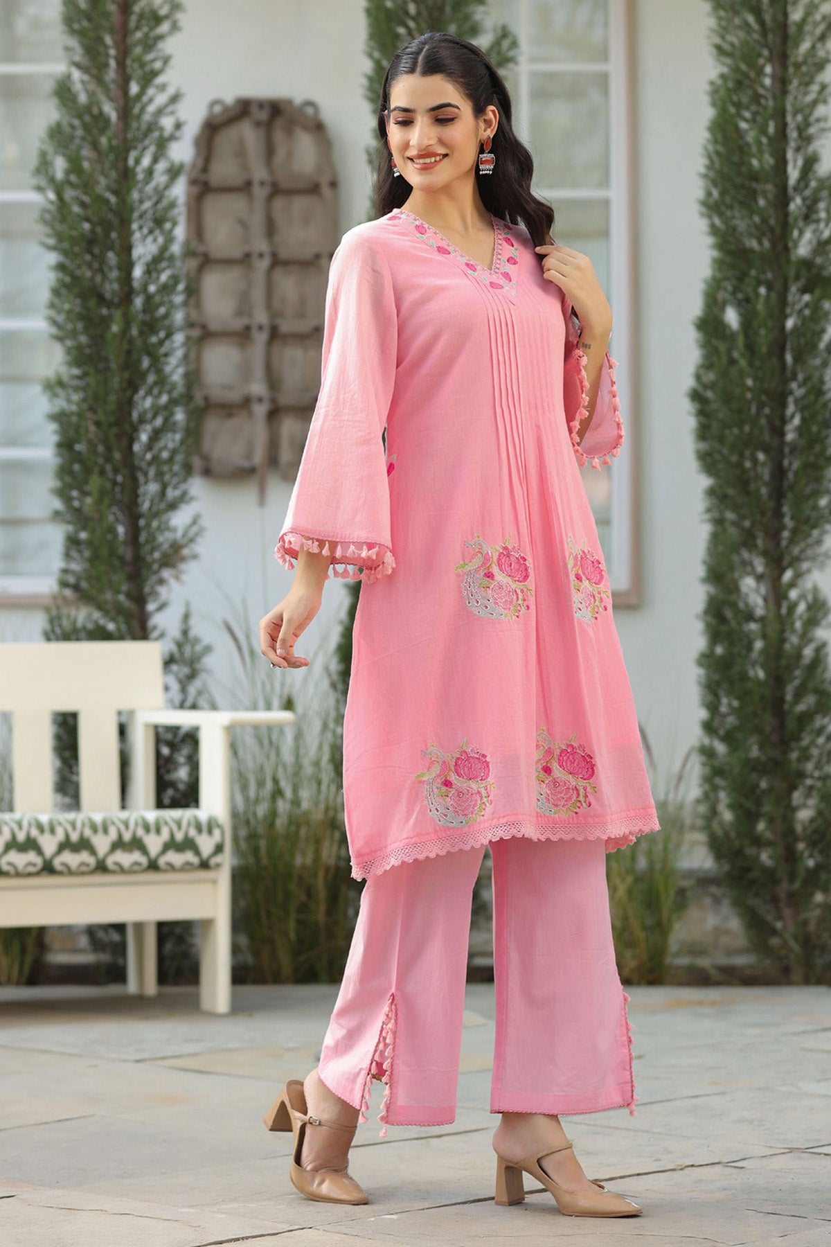 Pink Mul Mul Embroidered Cord Set