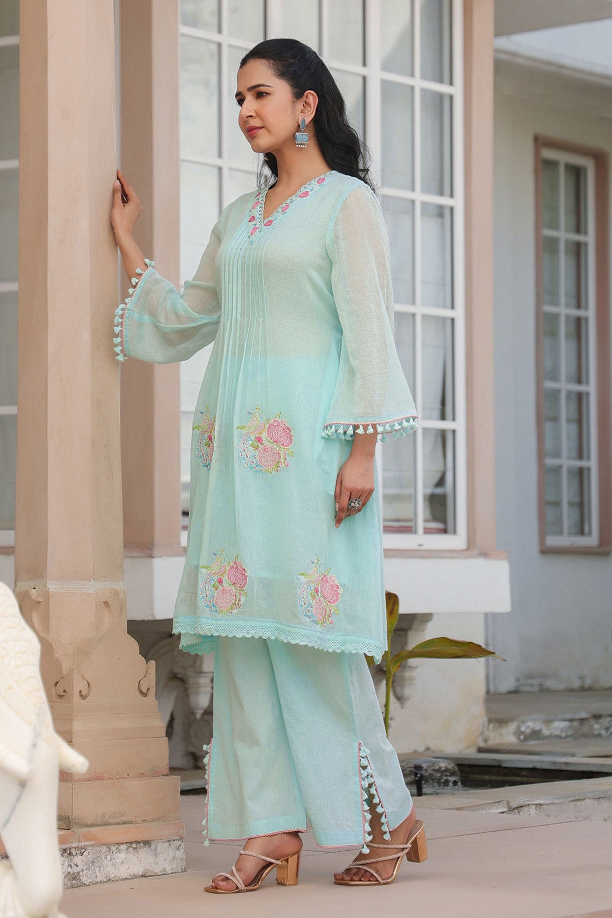 Sky Blue Mul Mul Embroidered Cord Set