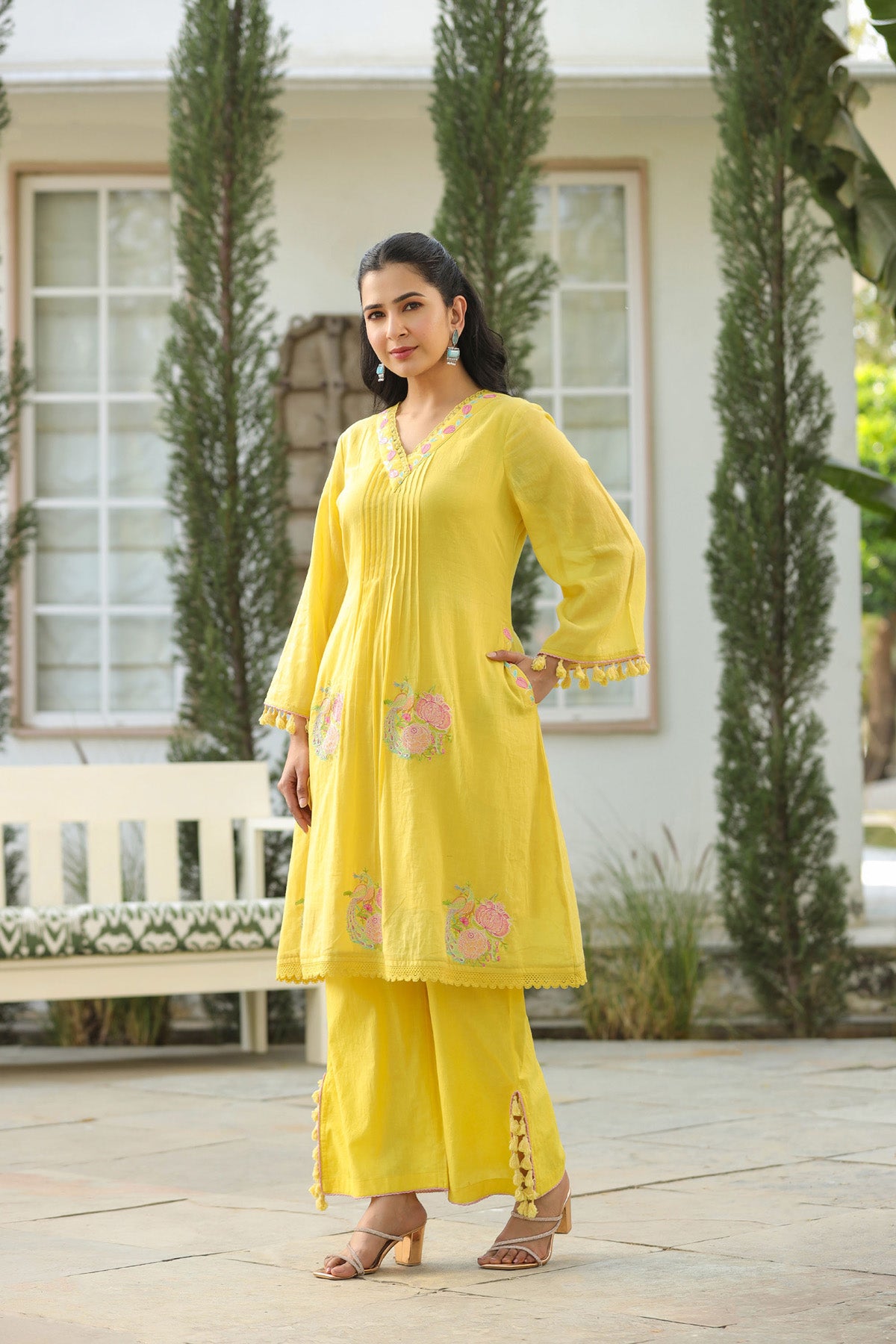 Yellow Mul Mul Embroidered Co-ord Set