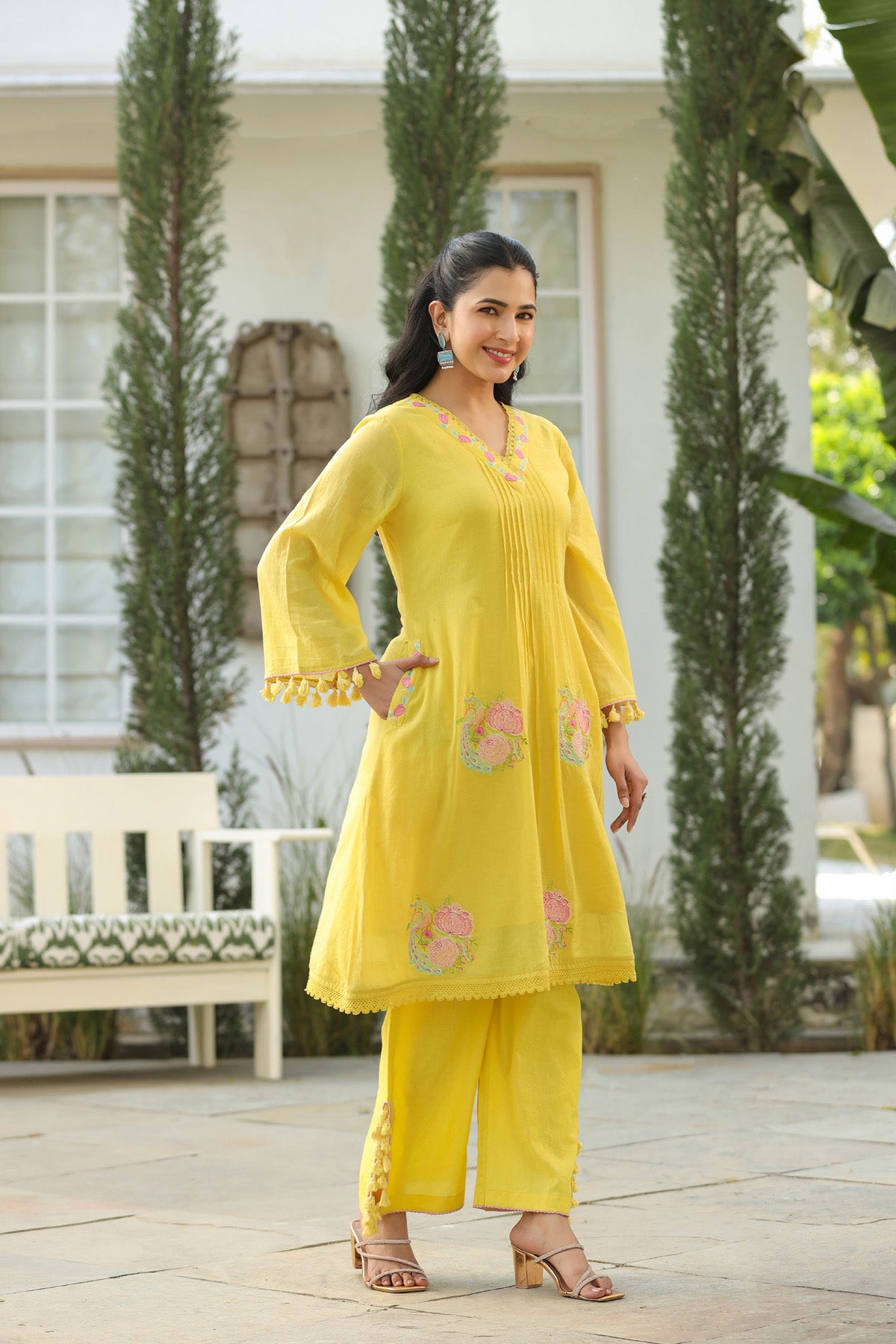 Yellow Mul Mul Embroidered Co-ord Set