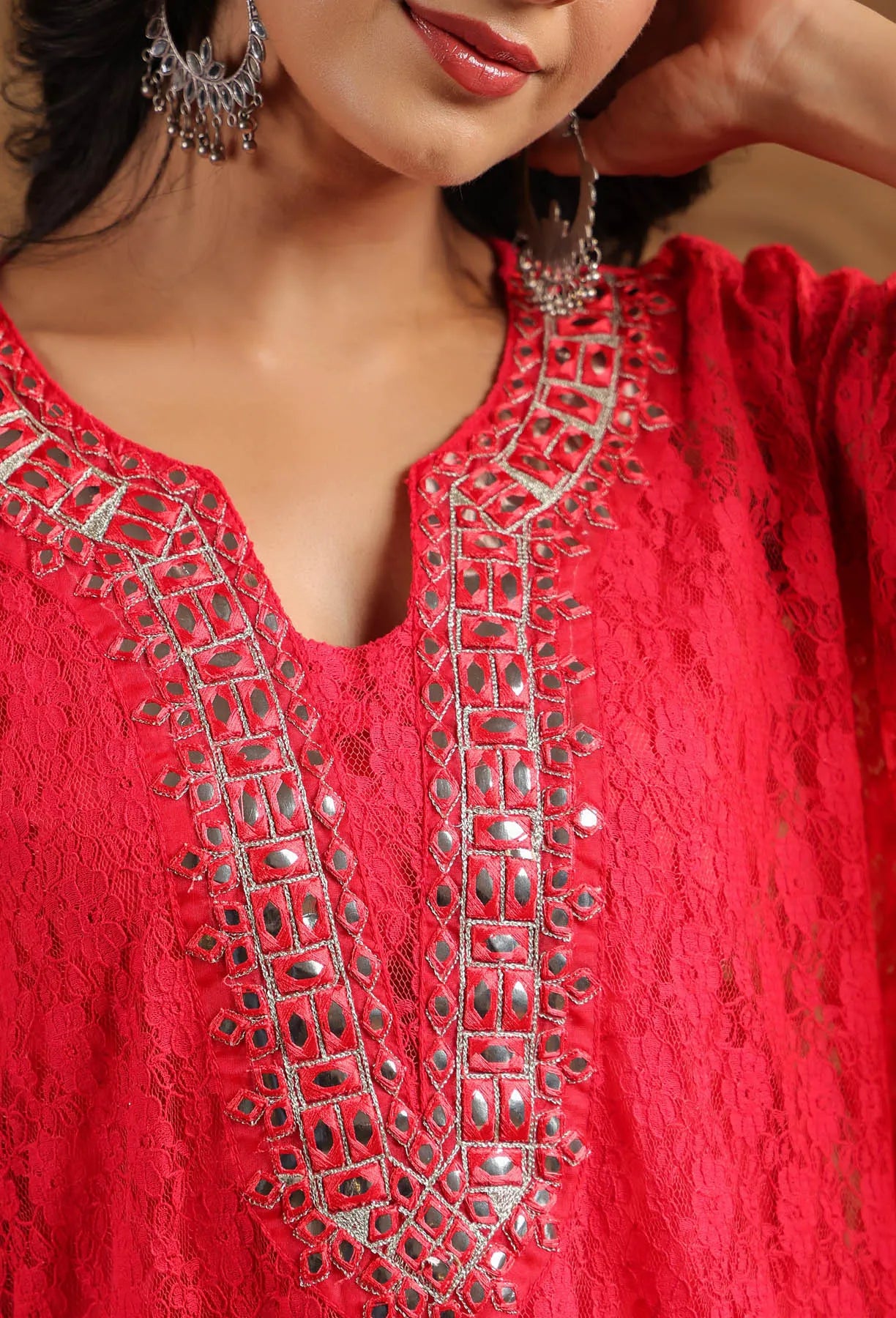 Red Schiffli Net Kaftan Set With Potli Bag