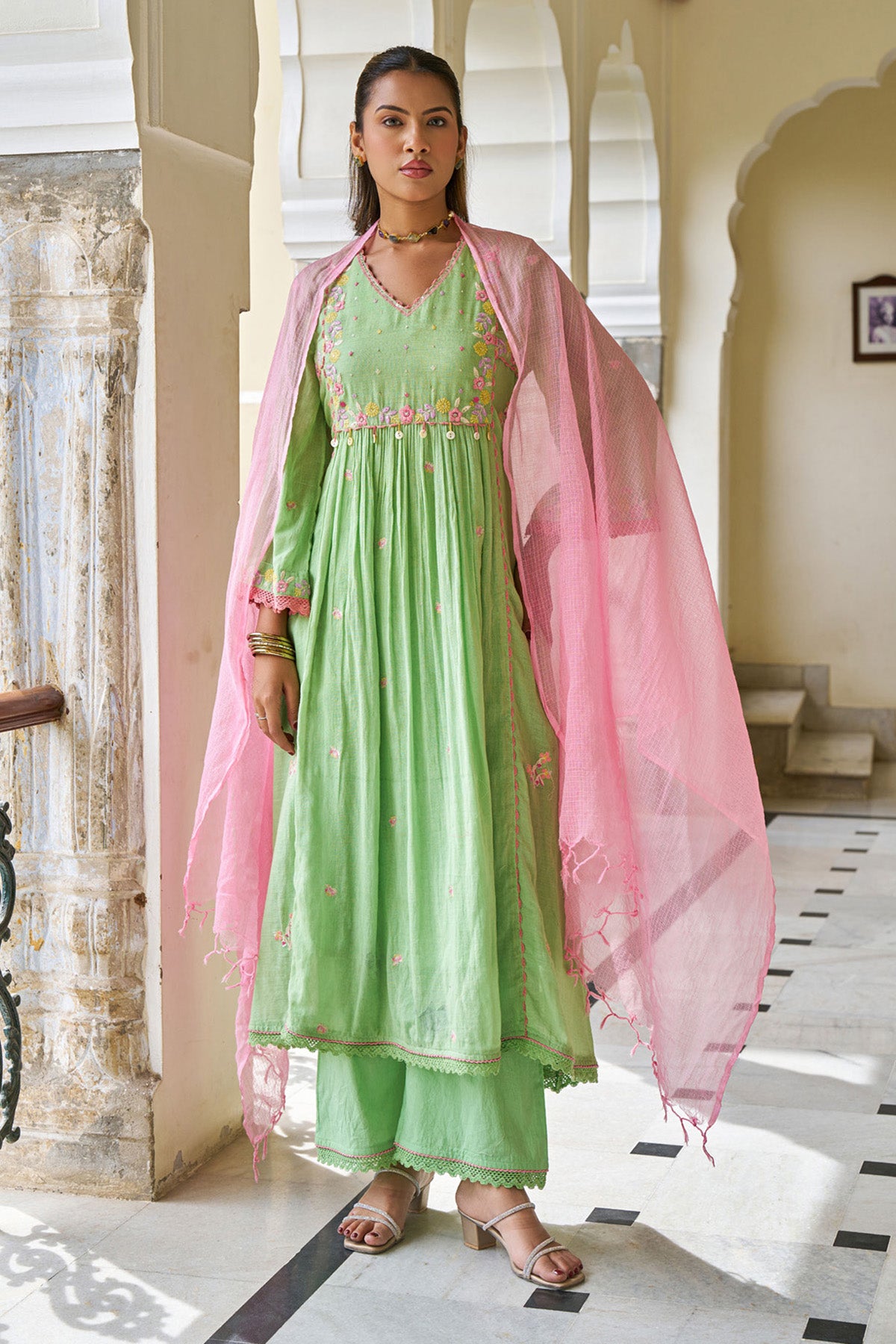 Green Mul Mul ANARKALI Suit Set With Dupatta