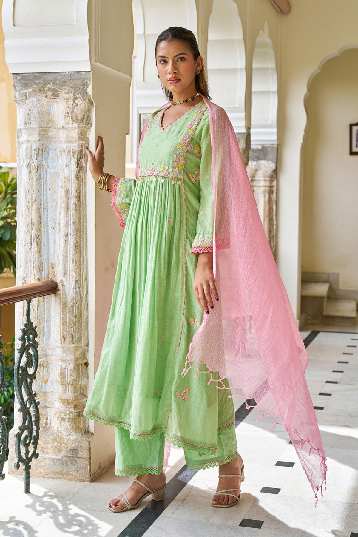 Green Mul Mul ANARKALI Suit Set With Dupatta