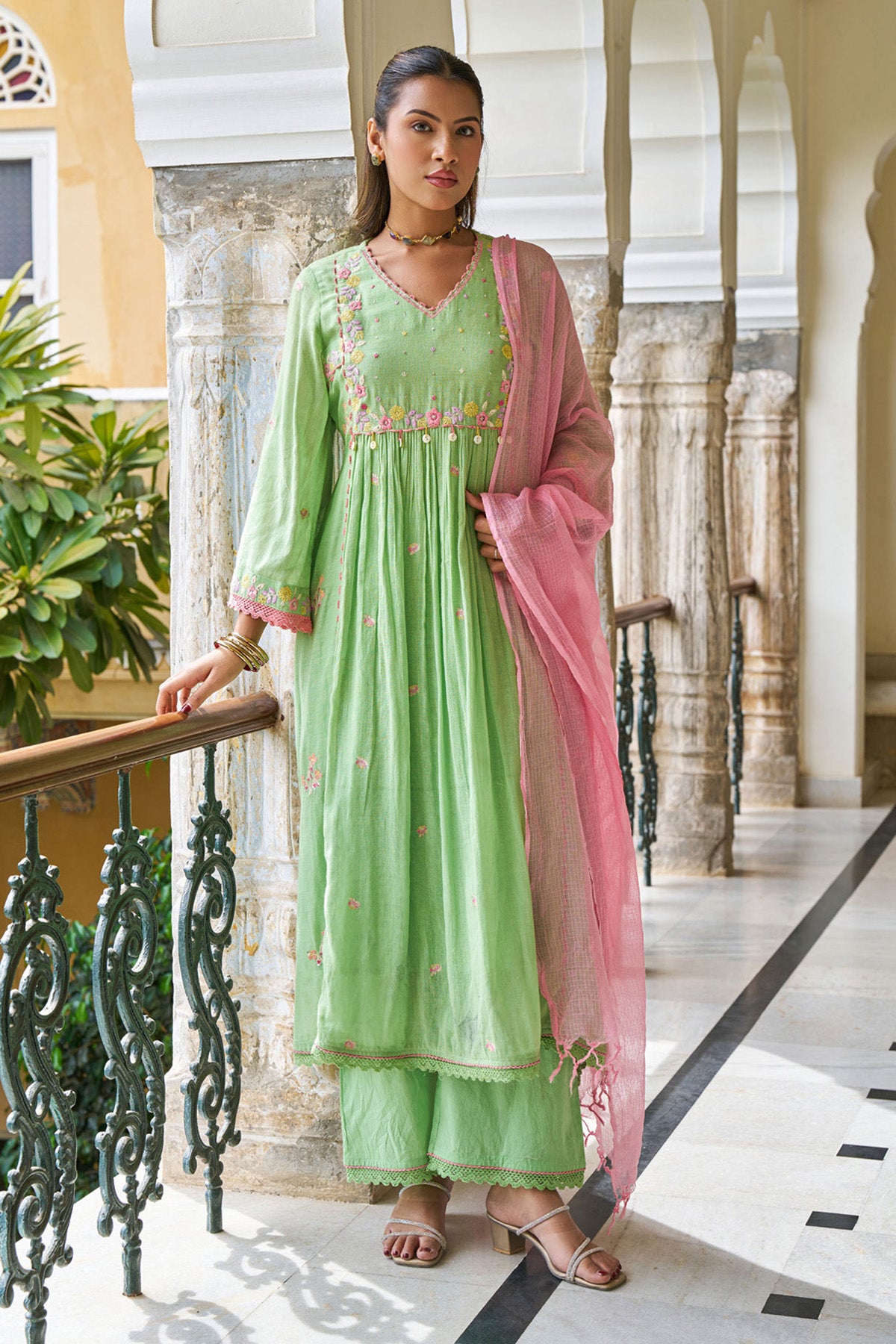 Green Mul Mul ANARKALI Suit Set With Dupatta