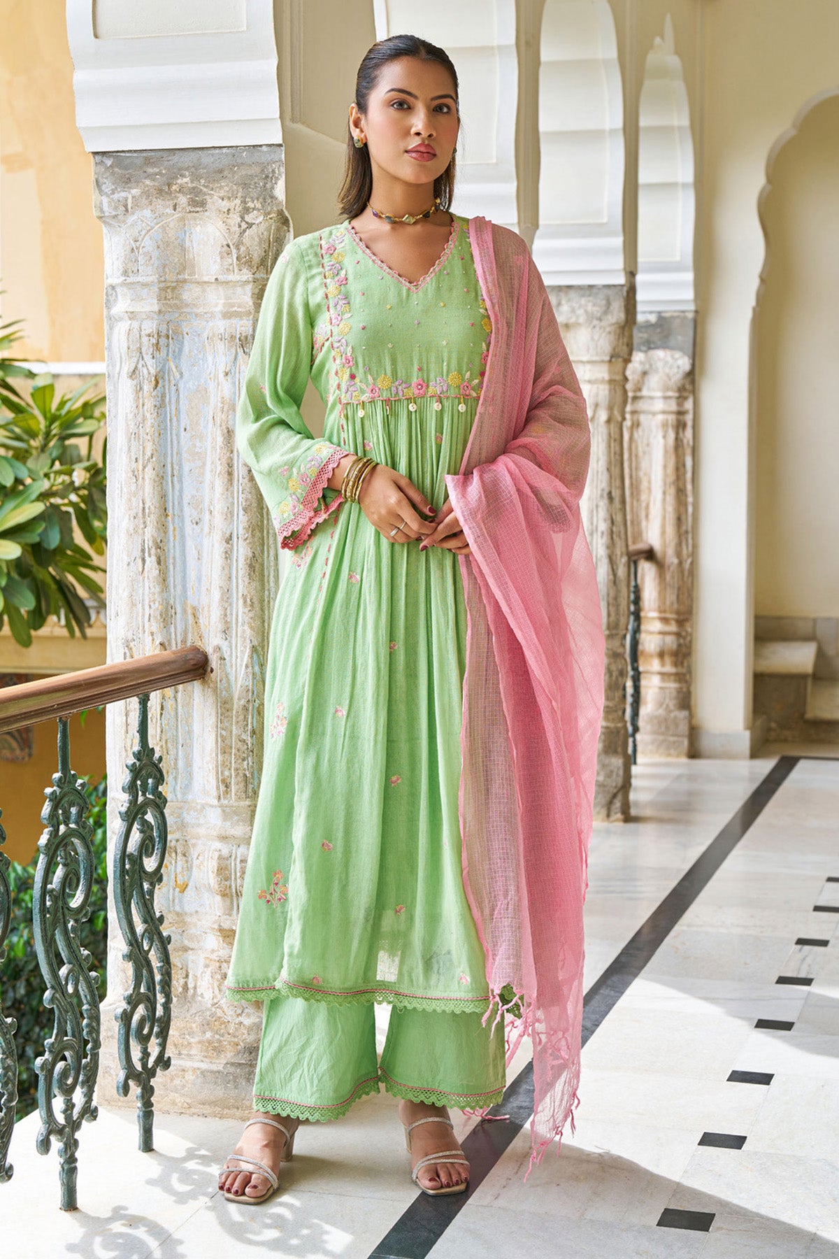 Green Mul Mul ANARKALI Suit Set With Dupatta