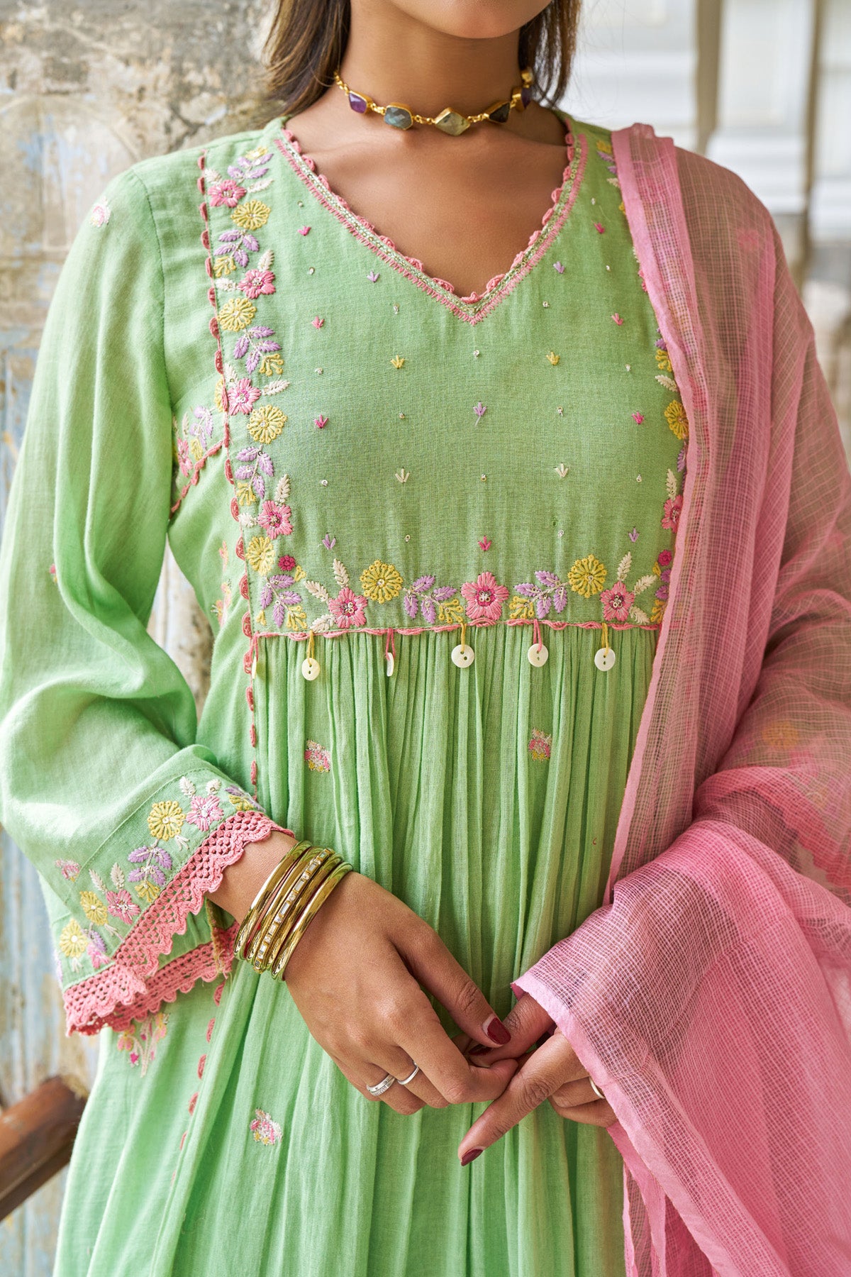 Green Mul Mul ANARKALI Suit Set With Dupatta