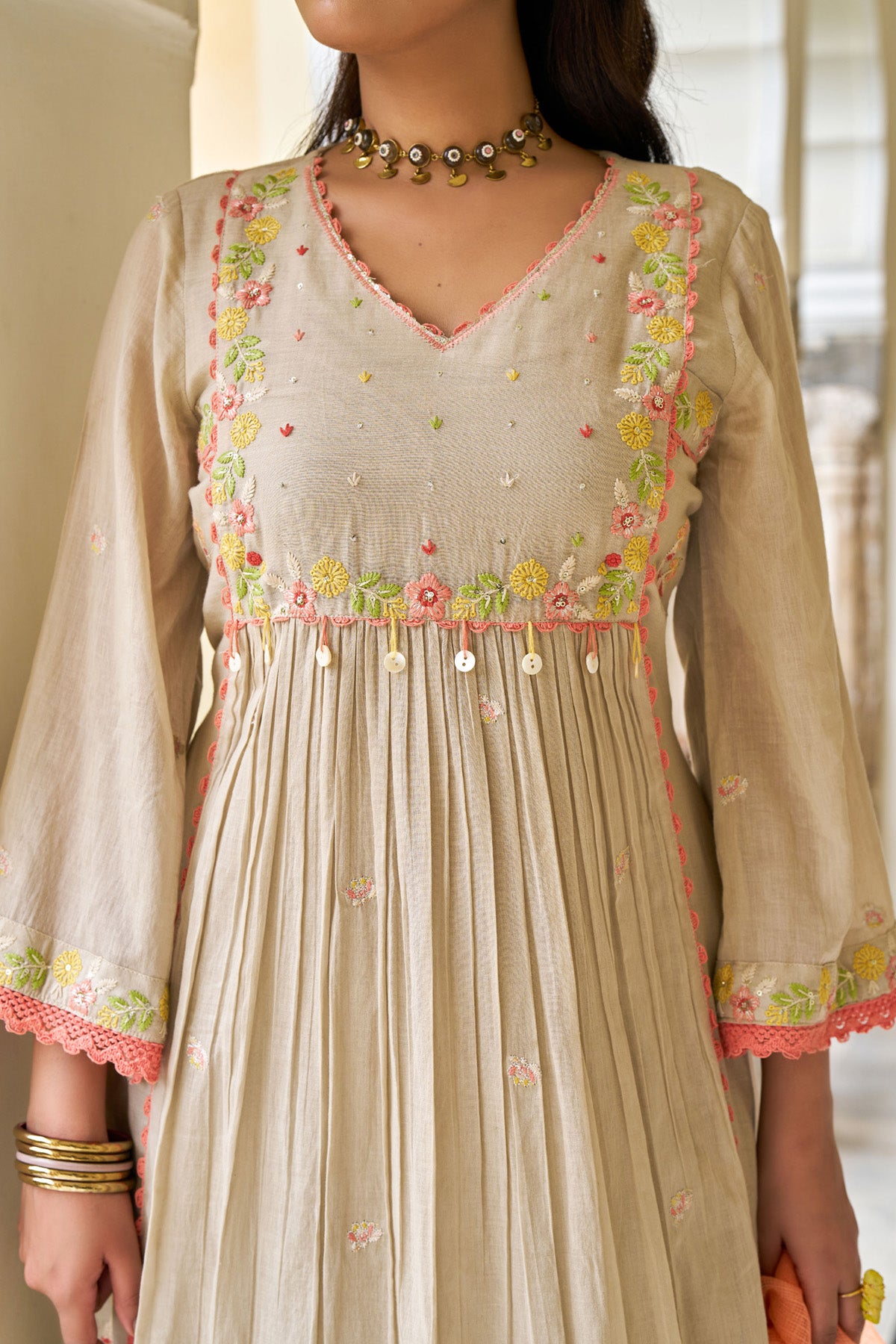 Brown Mul Mul  Embroidered Anarkali Suit Set With Dupatta