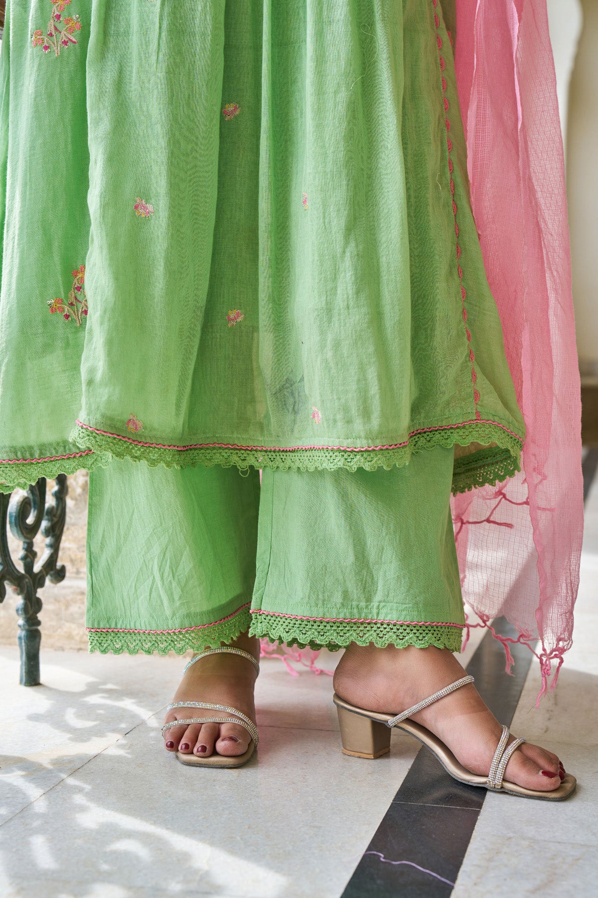 Green Mul Mul ANARKALI Suit Set With Dupatta