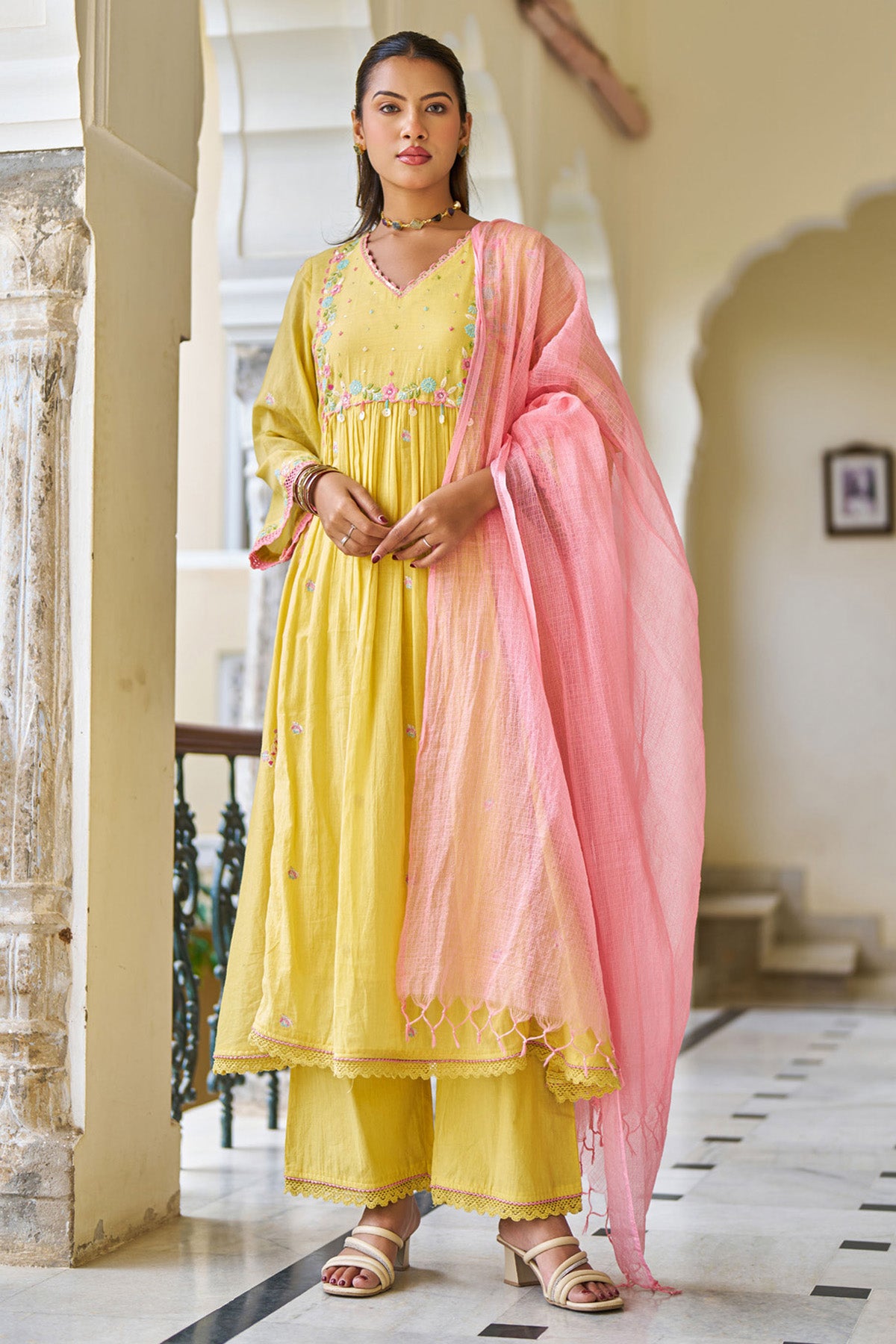 Yellow Mul Mul ANARKALI Suit Set With Dupatta
