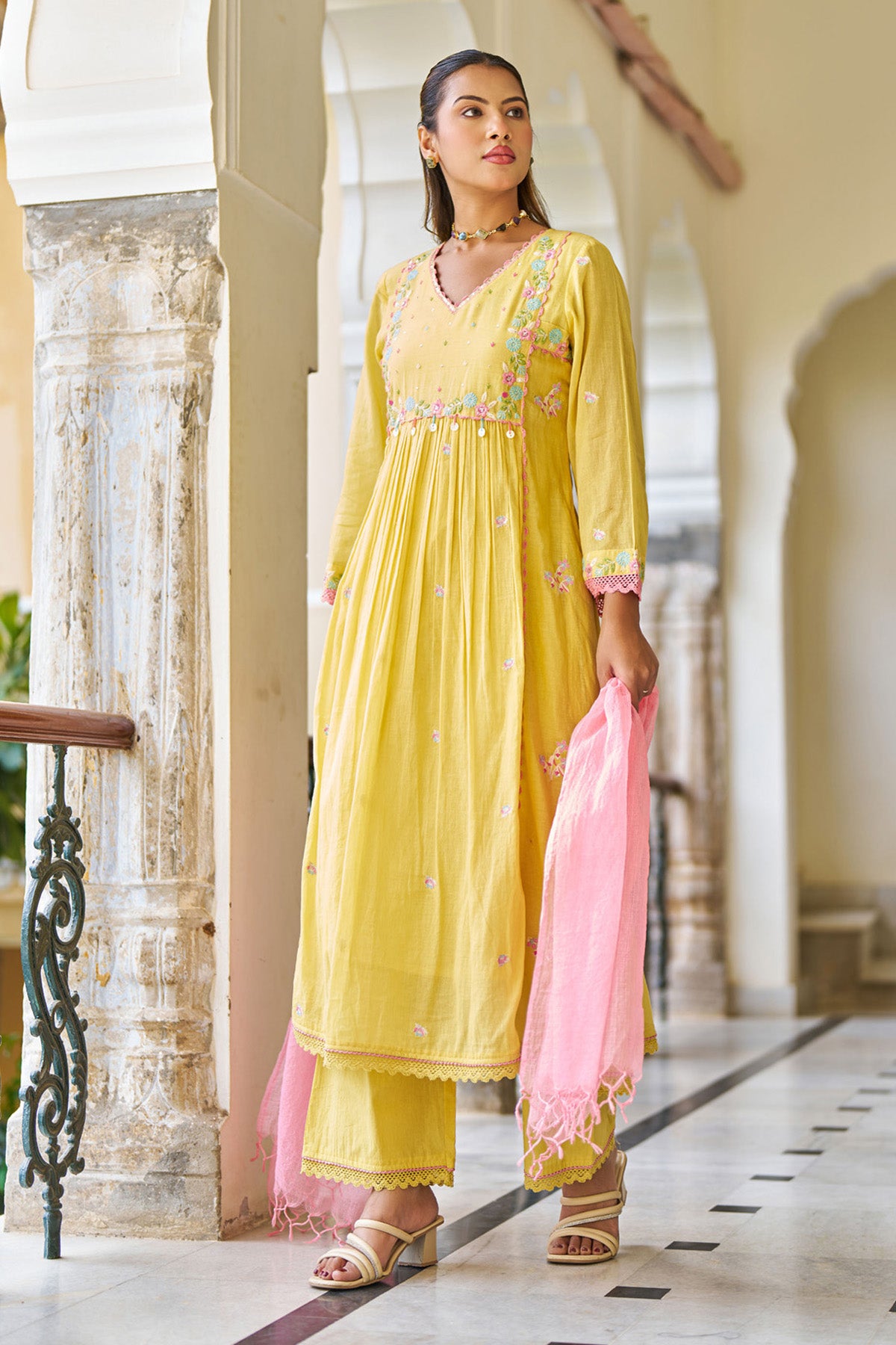 Yellow Mul Mul ANARKALI Suit Set With Dupatta