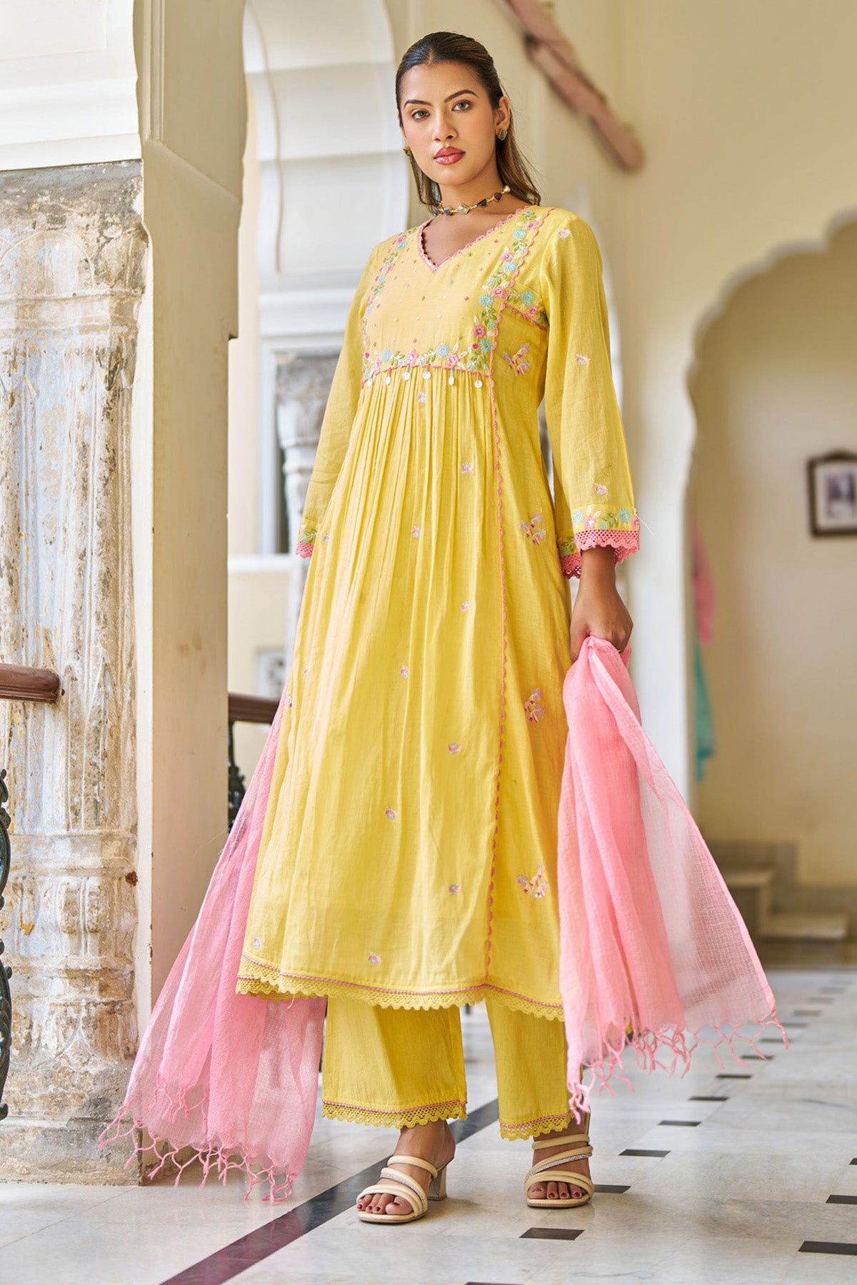 Yellow Mul Mul ANARKALI Suit Set With Dupatta