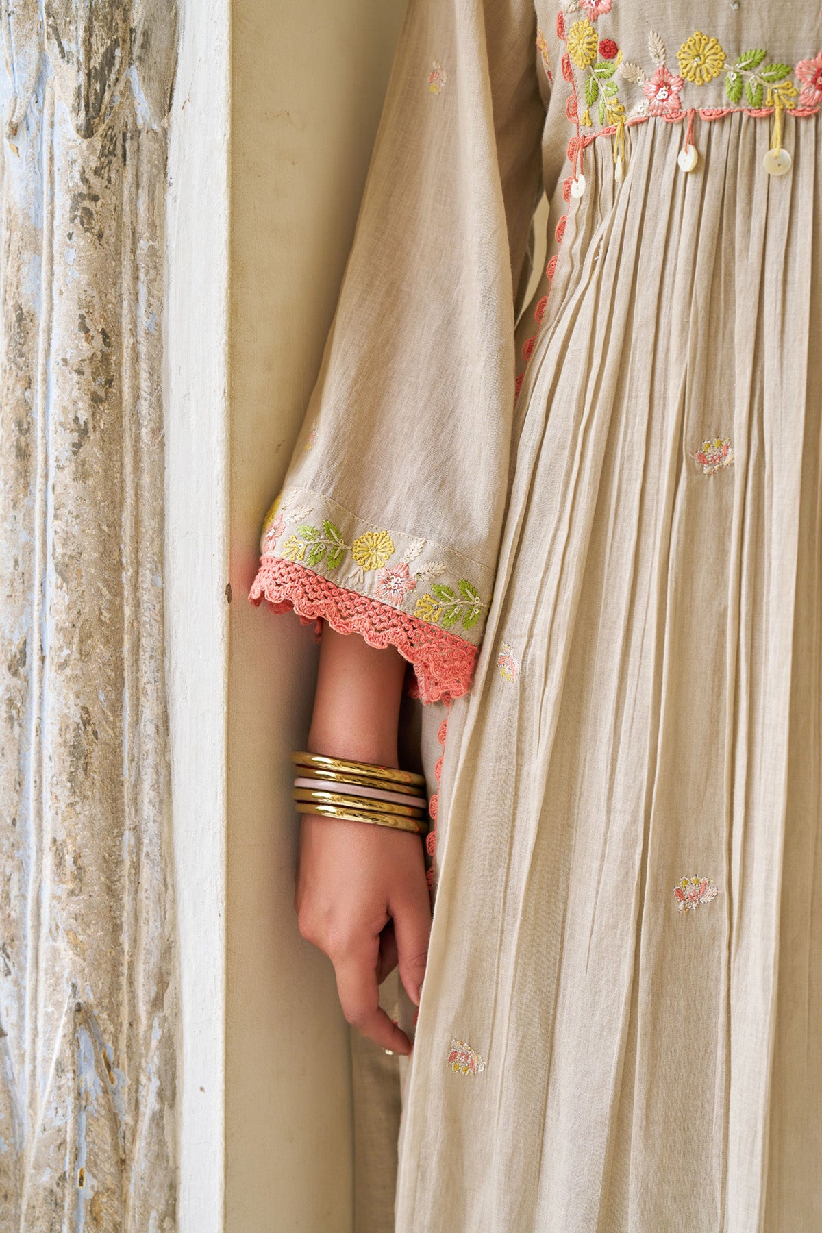 Brown Mul Mul  Embroidered Anarkali Suit Set With Dupatta