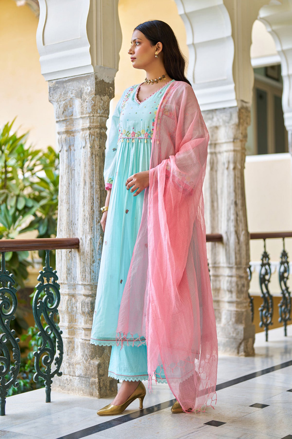Sky Blue Mul Mul ANARKALI Suit Set With Dupatta