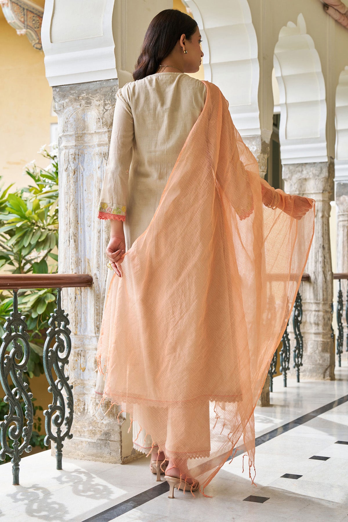 Brown Mul Mul  Embroidered Anarkali Suit Set With Dupatta