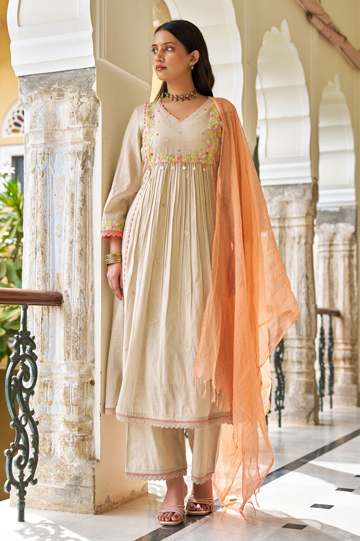 Brown Mul Mul  Embroidered Anarkali Suit Set With Dupatta