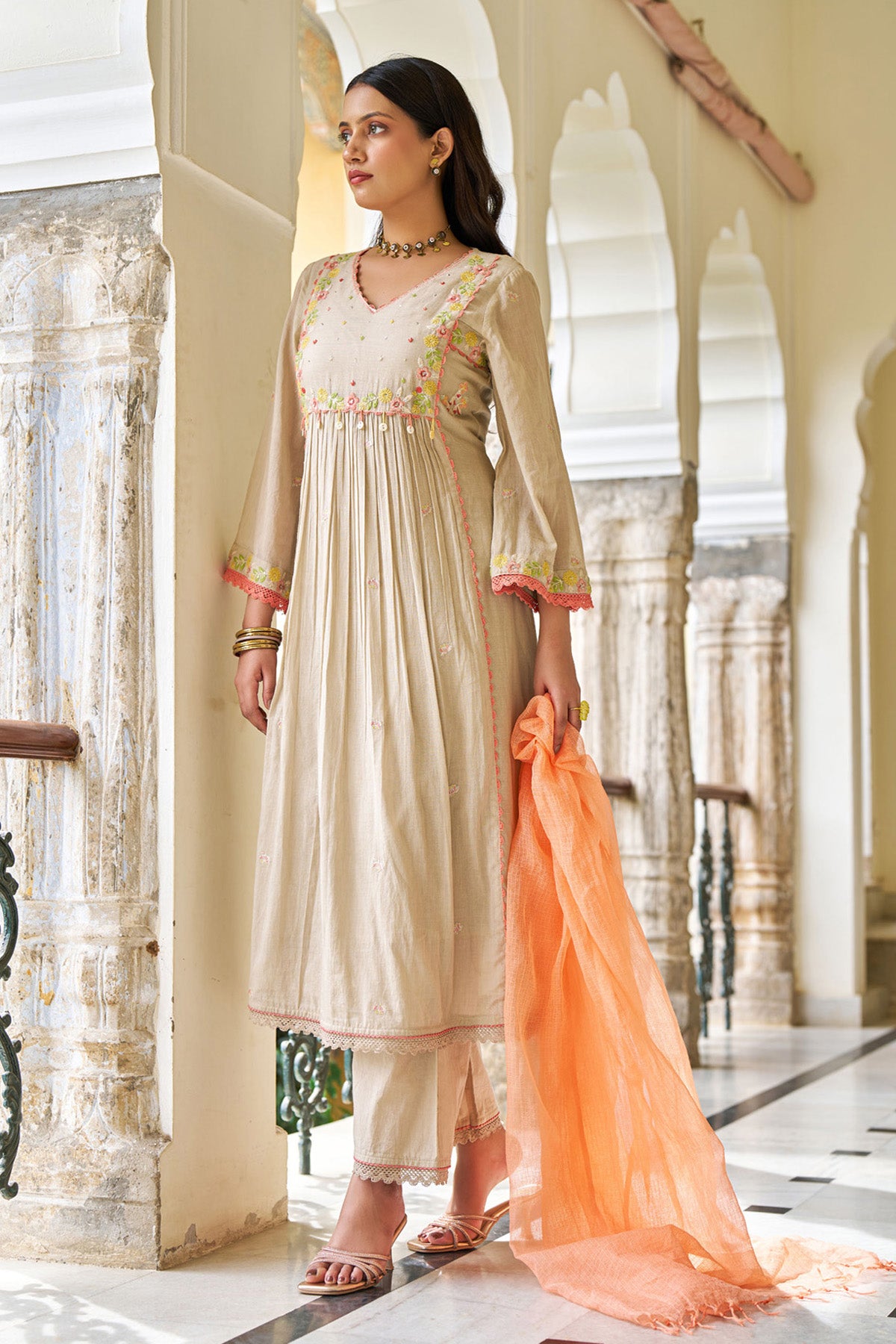 Brown Mul Mul  Embroidered Anarkali Suit Set With Dupatta