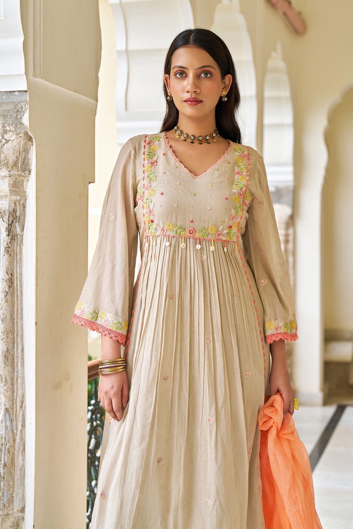 Brown Mul Mul  Embroidered Anarkali Suit Set With Dupatta