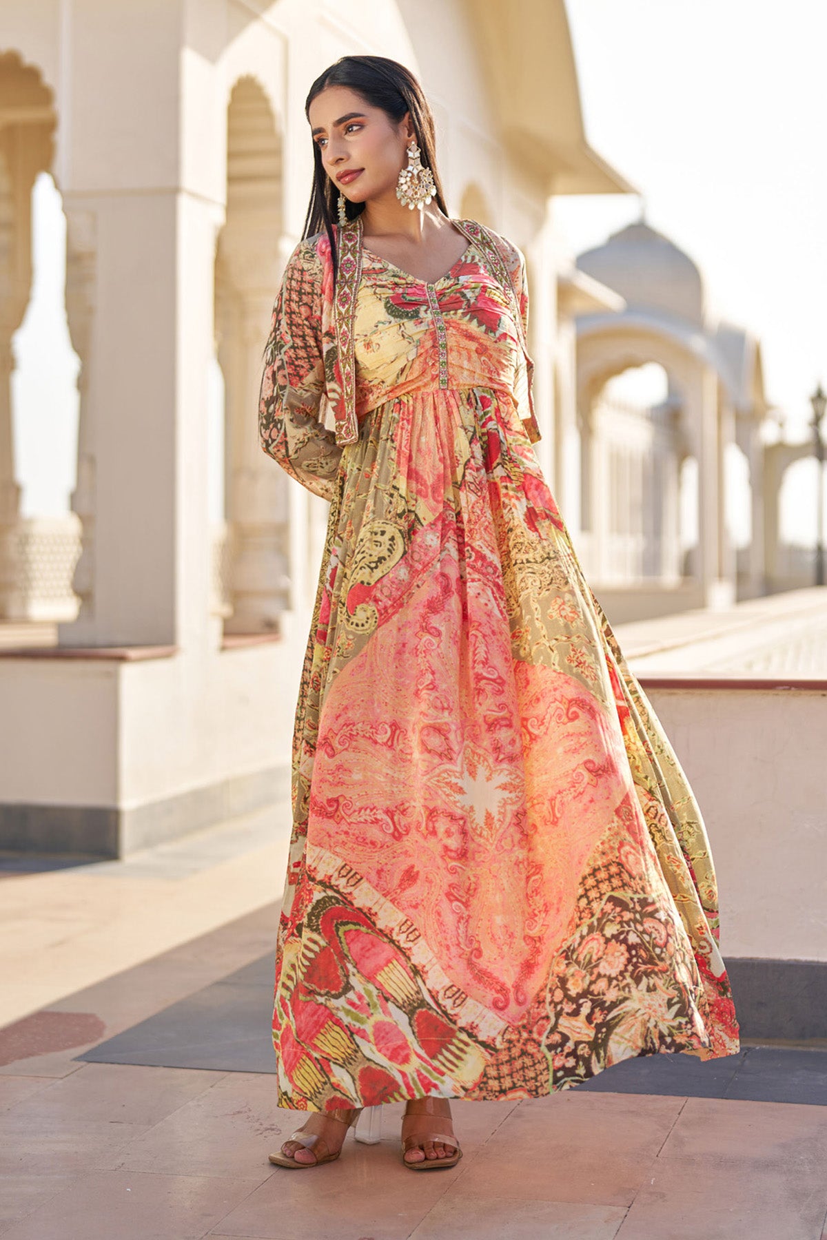 Yellow Crepe Silk Embroidered Gown Set