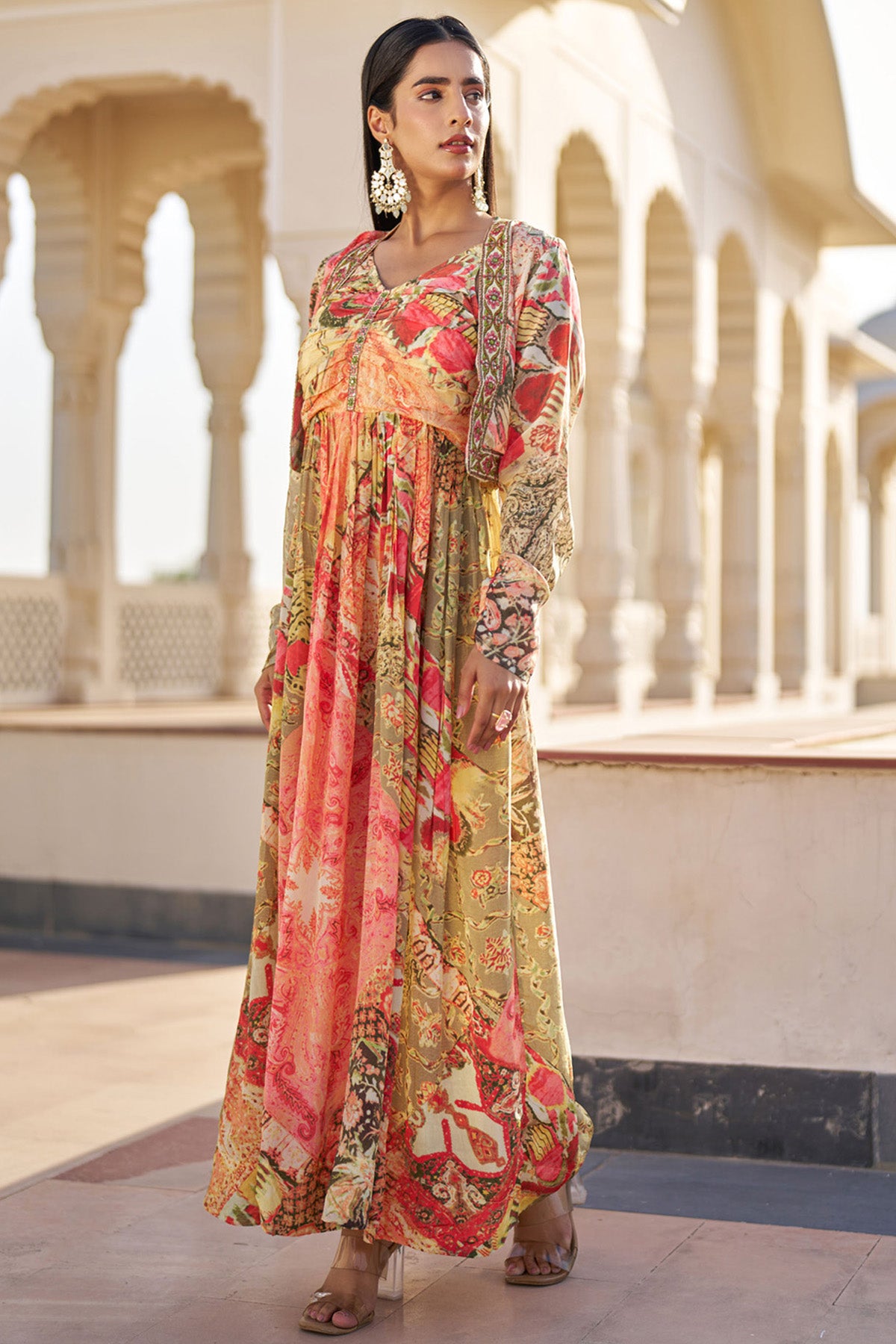 Yellow Crepe Silk Embroidered Gown Set