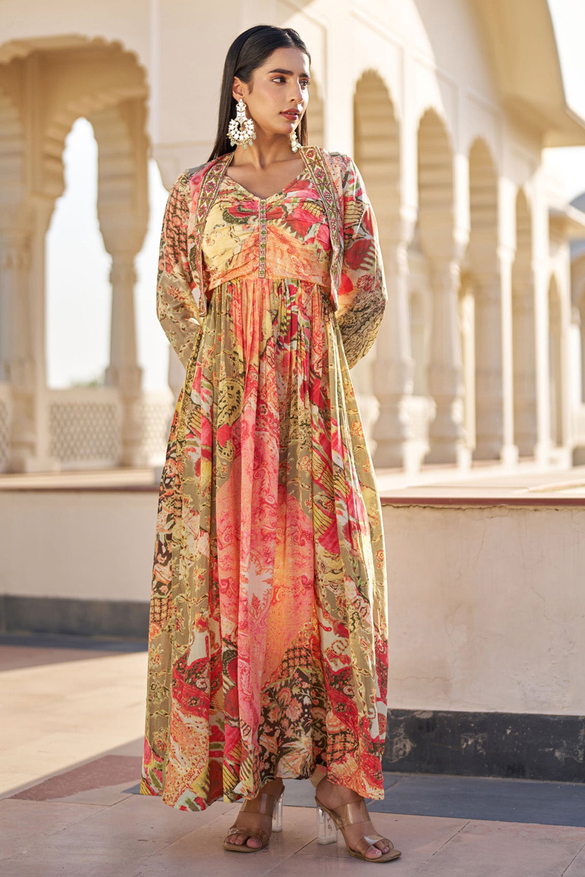Yellow Crepe Silk Embroidered Gown Set