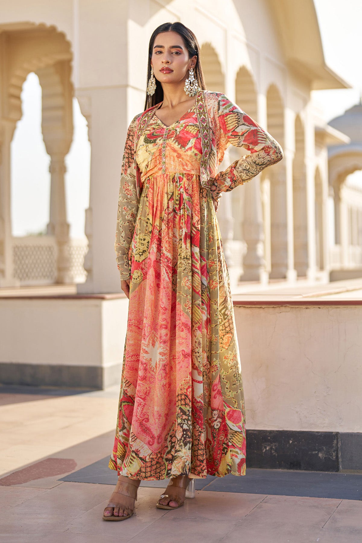 Yellow Crepe Silk Embroidered Gown Set