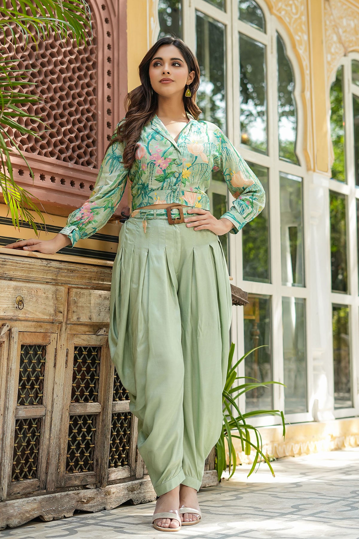Sea Green Floral Muslin Crop Top And Dhoti Set