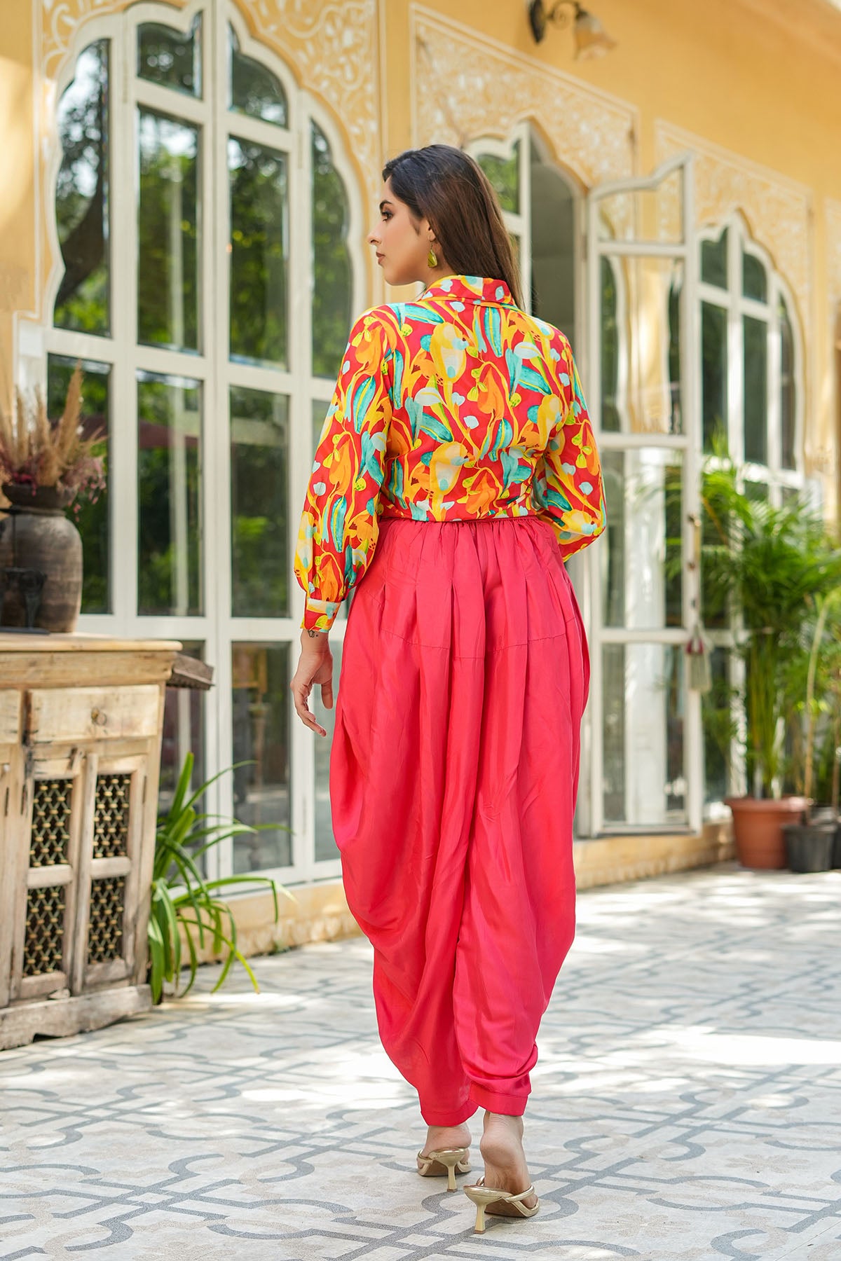 Red Floral Muslin Crop Top And Dhoti Set