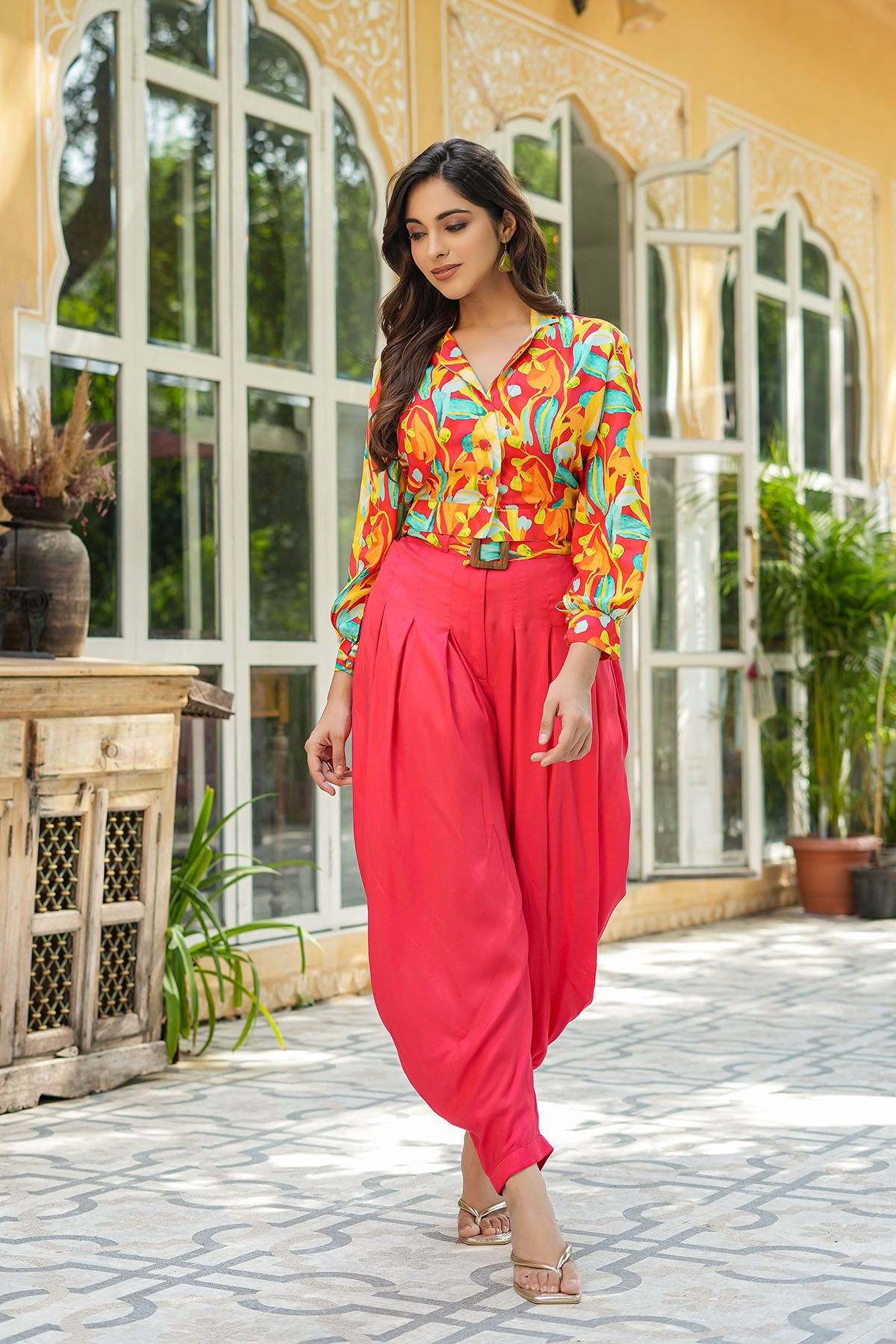 Red Floral Muslin Crop Top And Dhoti Set