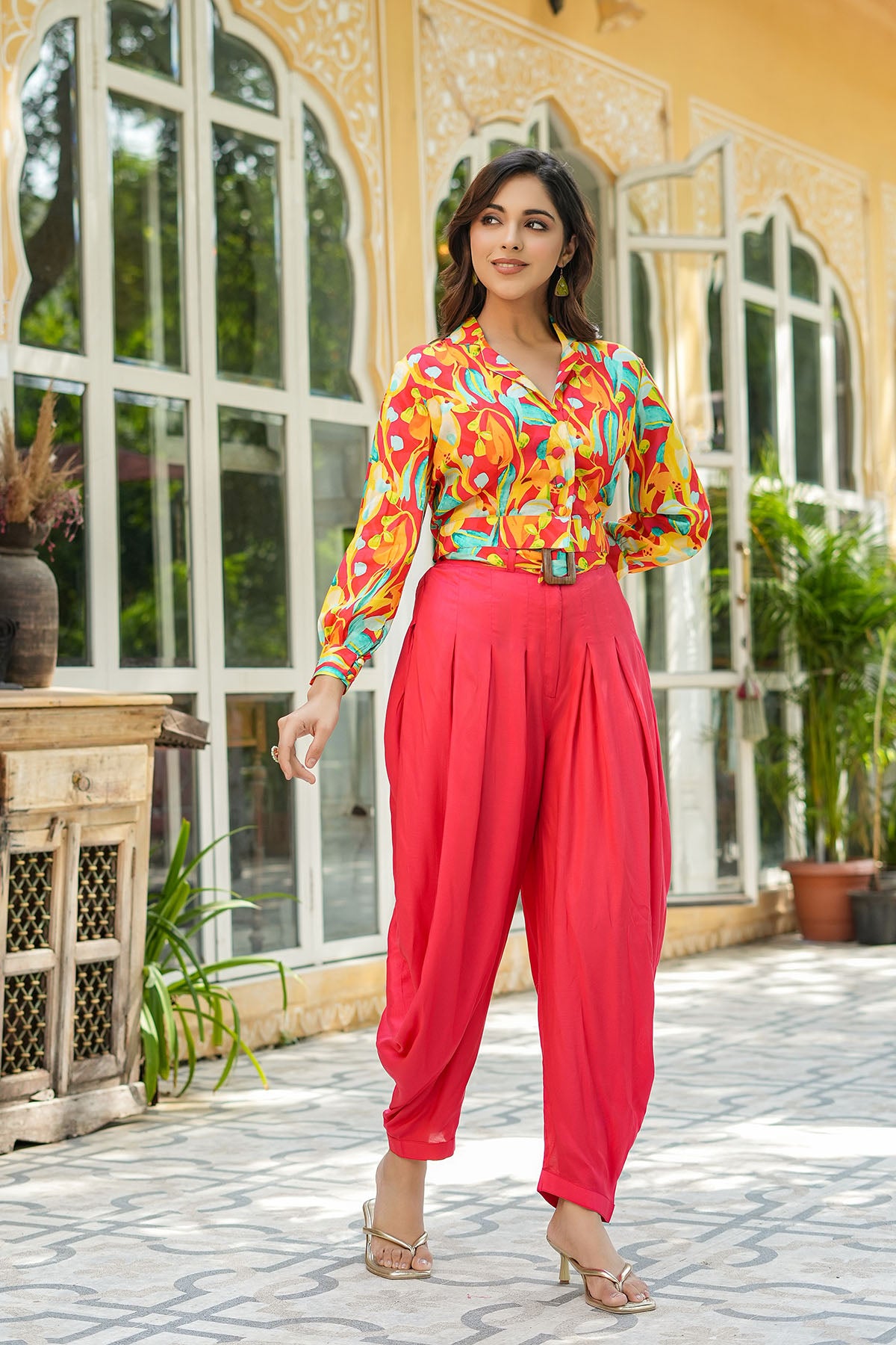 Red Floral Muslin Crop Top And Dhoti Set