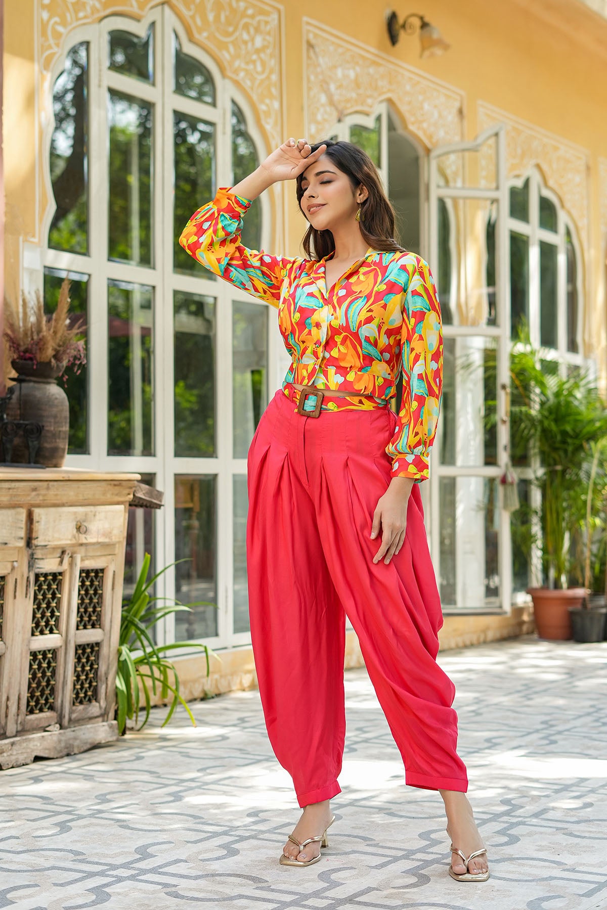 Red Floral Muslin Crop Top And Dhoti Set