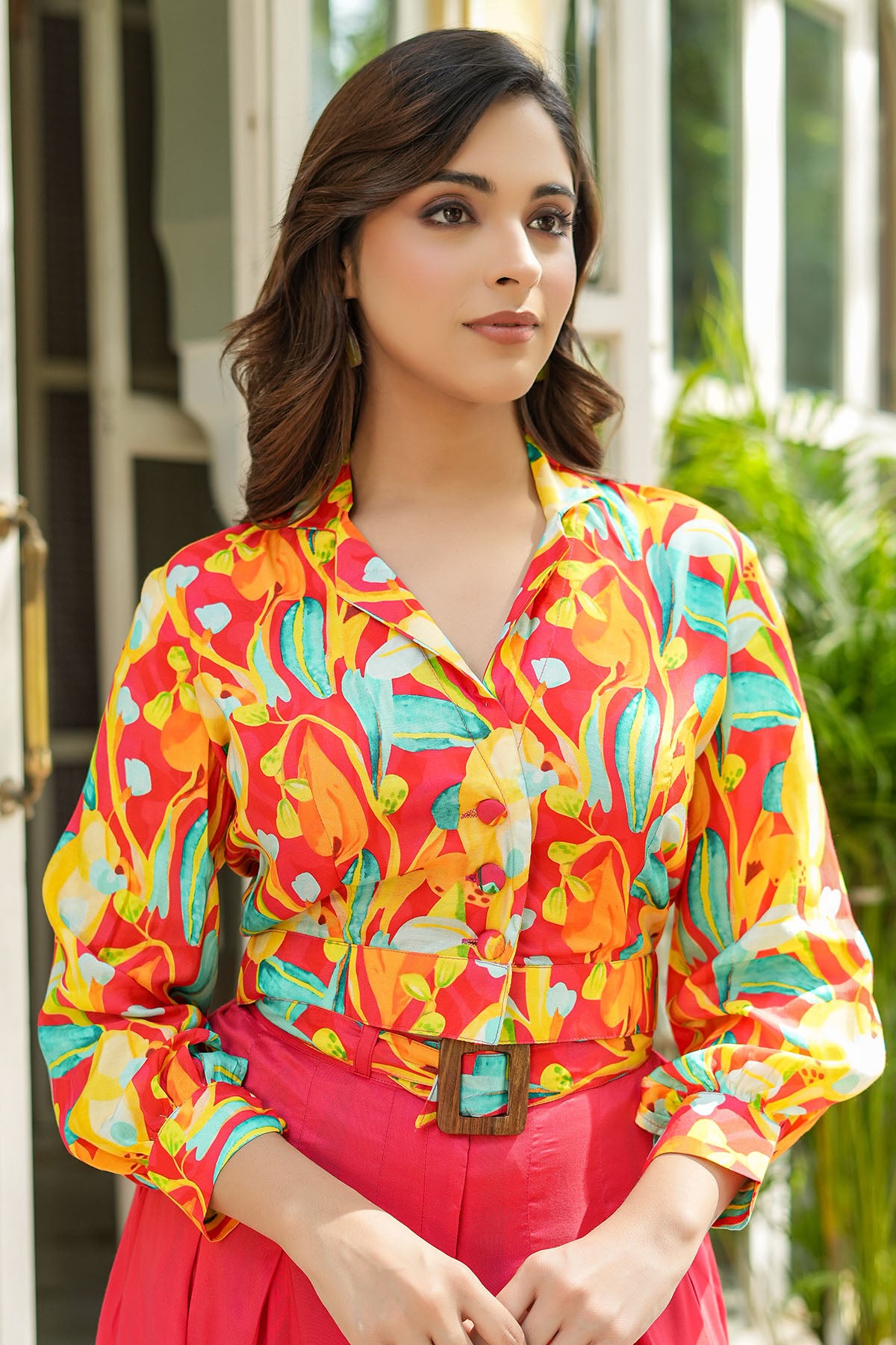 Red Floral Muslin Crop Top And Dhoti Set