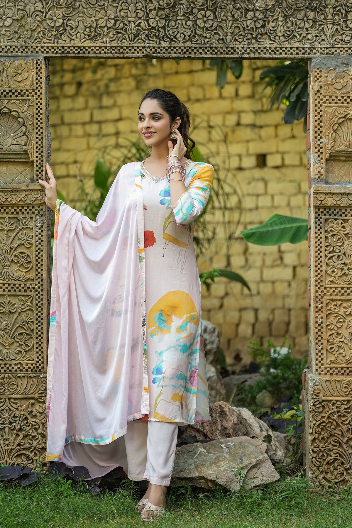 Pink Muslin Printed Straight-Cut Suit Set